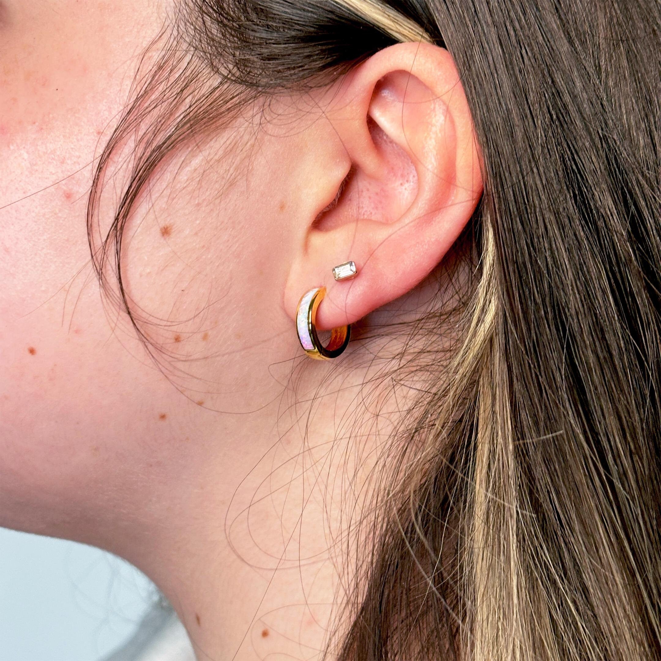 Sterling Silver Opal Huggie Hoop Earrings by Stella Amoré