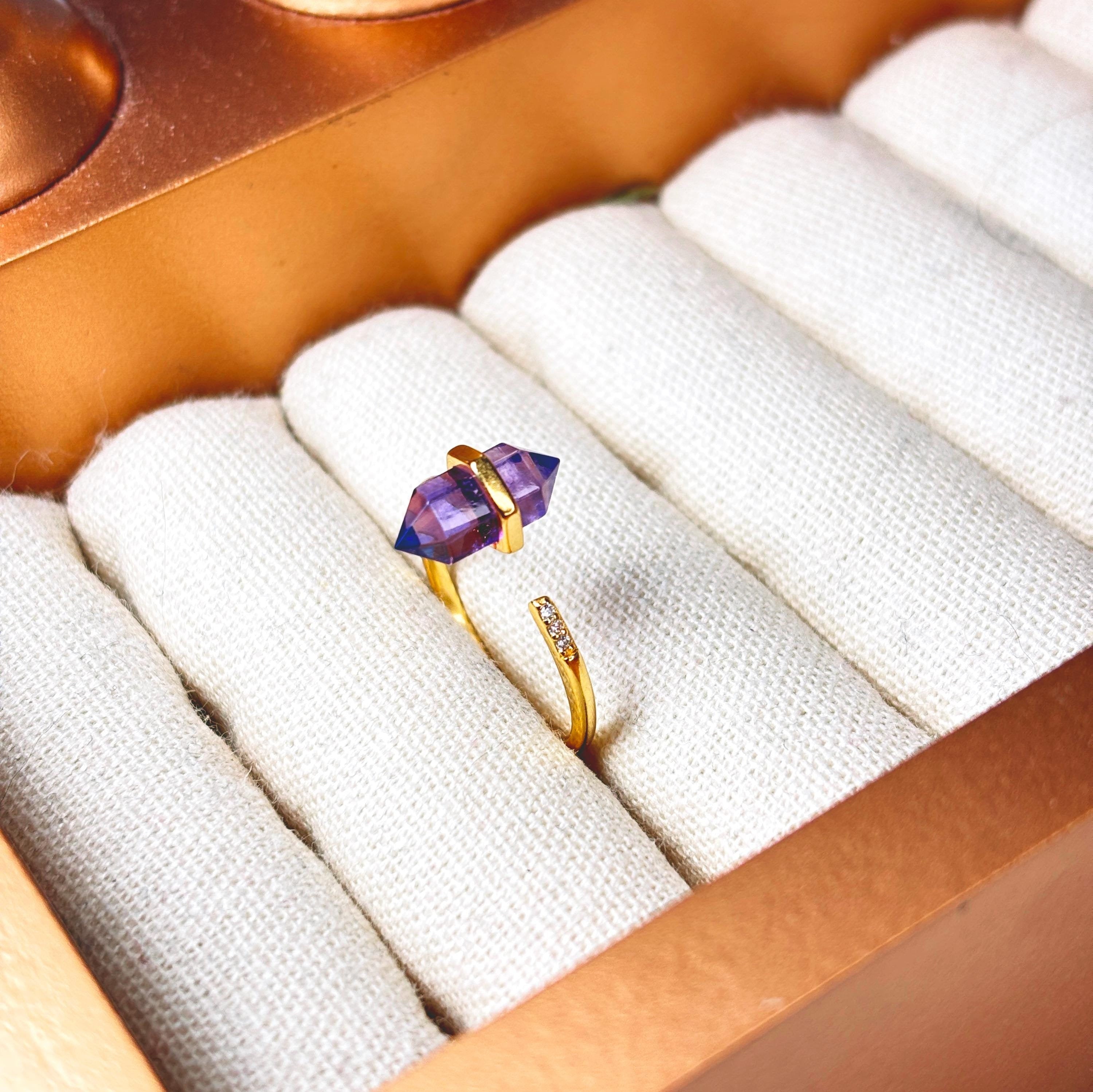 Moonstone Crystal Wand Ring – Adjustable Hexagonal Crystal Point