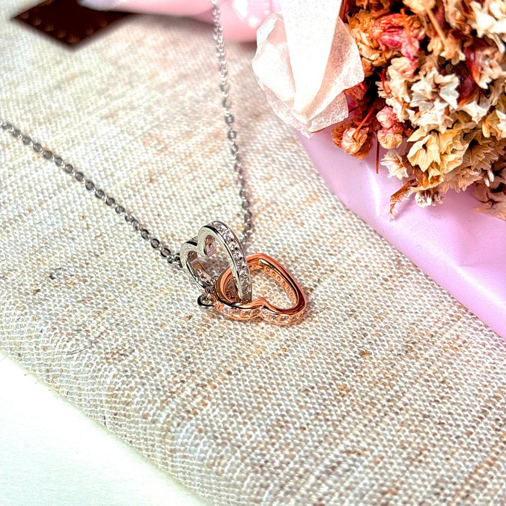 Double Interlocking Hearts 925 Sterling Silver Necklace by Stella Amoré