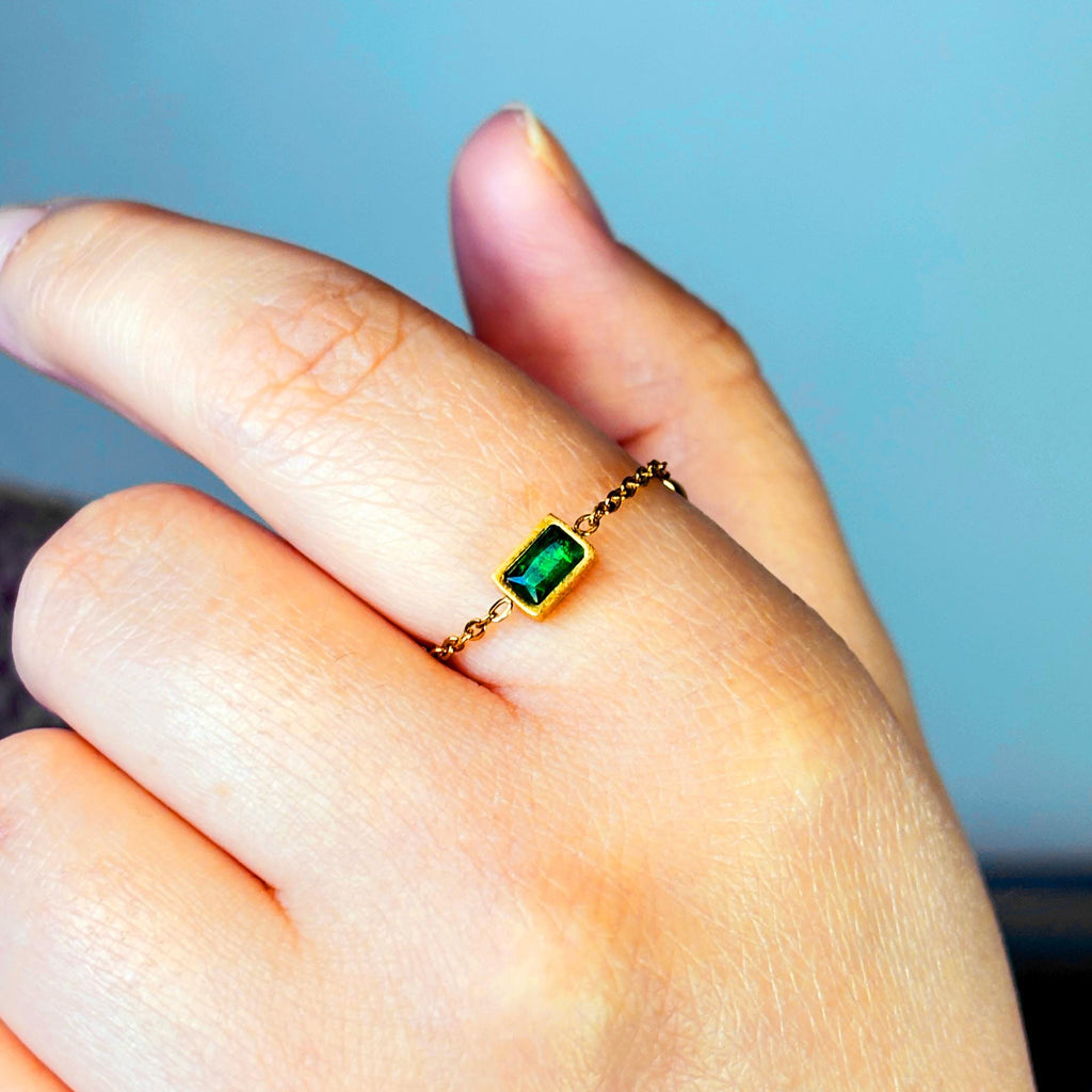Dainty Adjustable Emerald Chain Ring in Gold by Stella Amoré