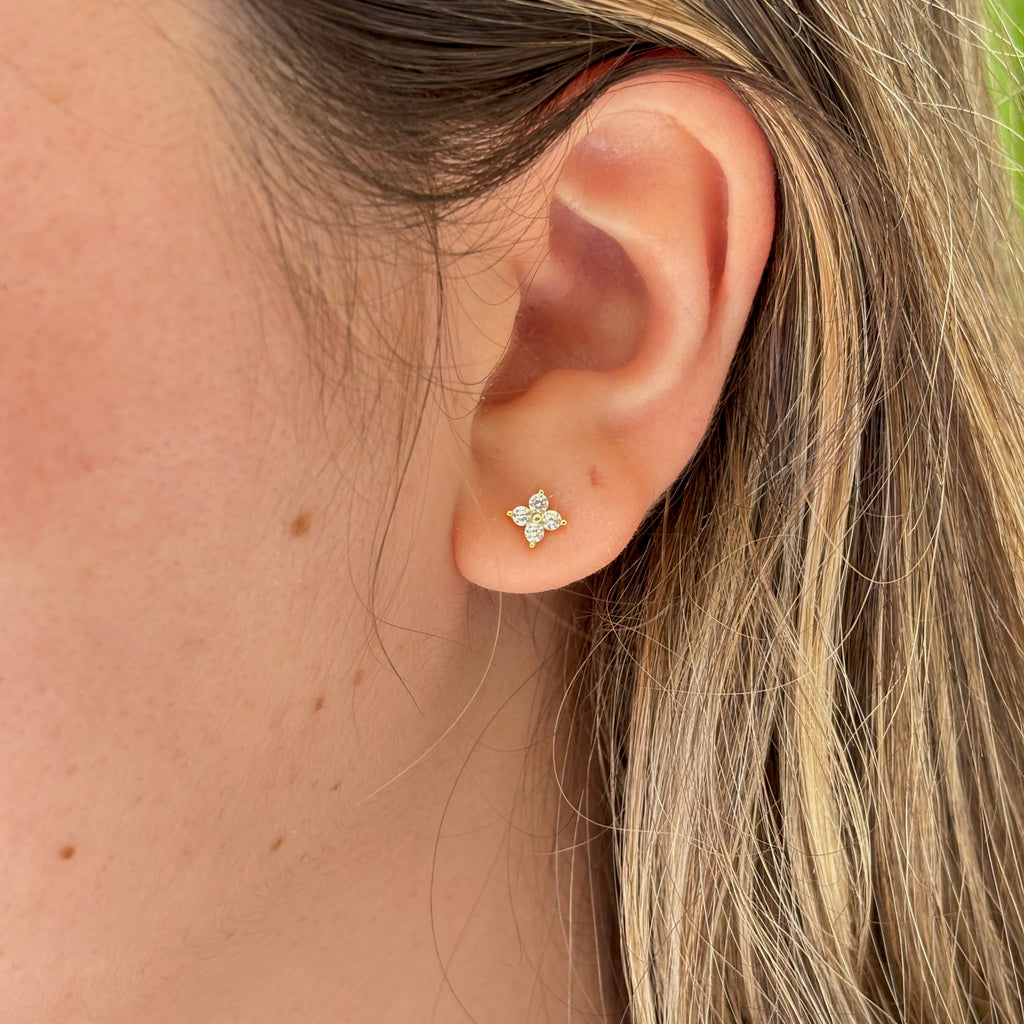 Gold Clover Stud Earrings: 18k Gold Plated Sterling Silver CZ