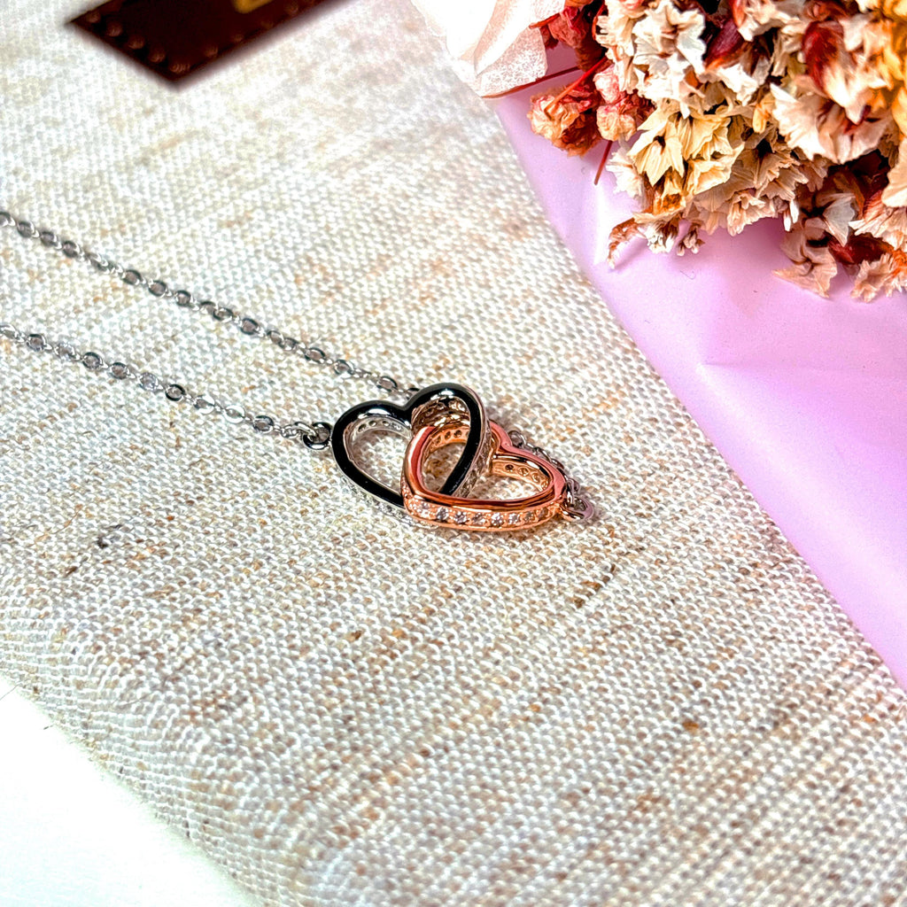 Double Interlocking Hearts 925 Sterling Silver Necklace by Stella Amoré