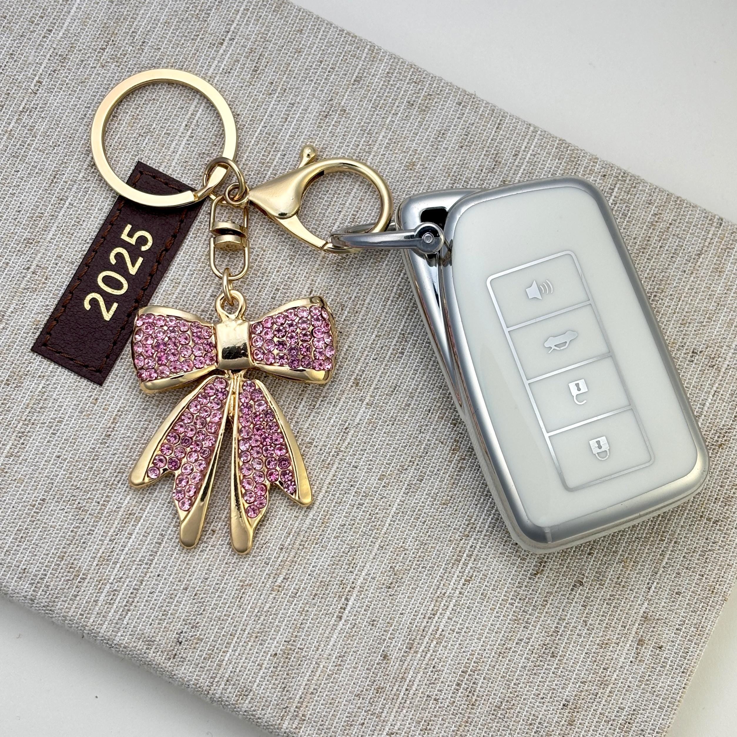 Pink Rhinestone Bow Keychain – New Car Driver Gift, Bling Crystal Bow Charm, Balletcore Keyring, Cute Gift for Mom, Stocking Stuffer