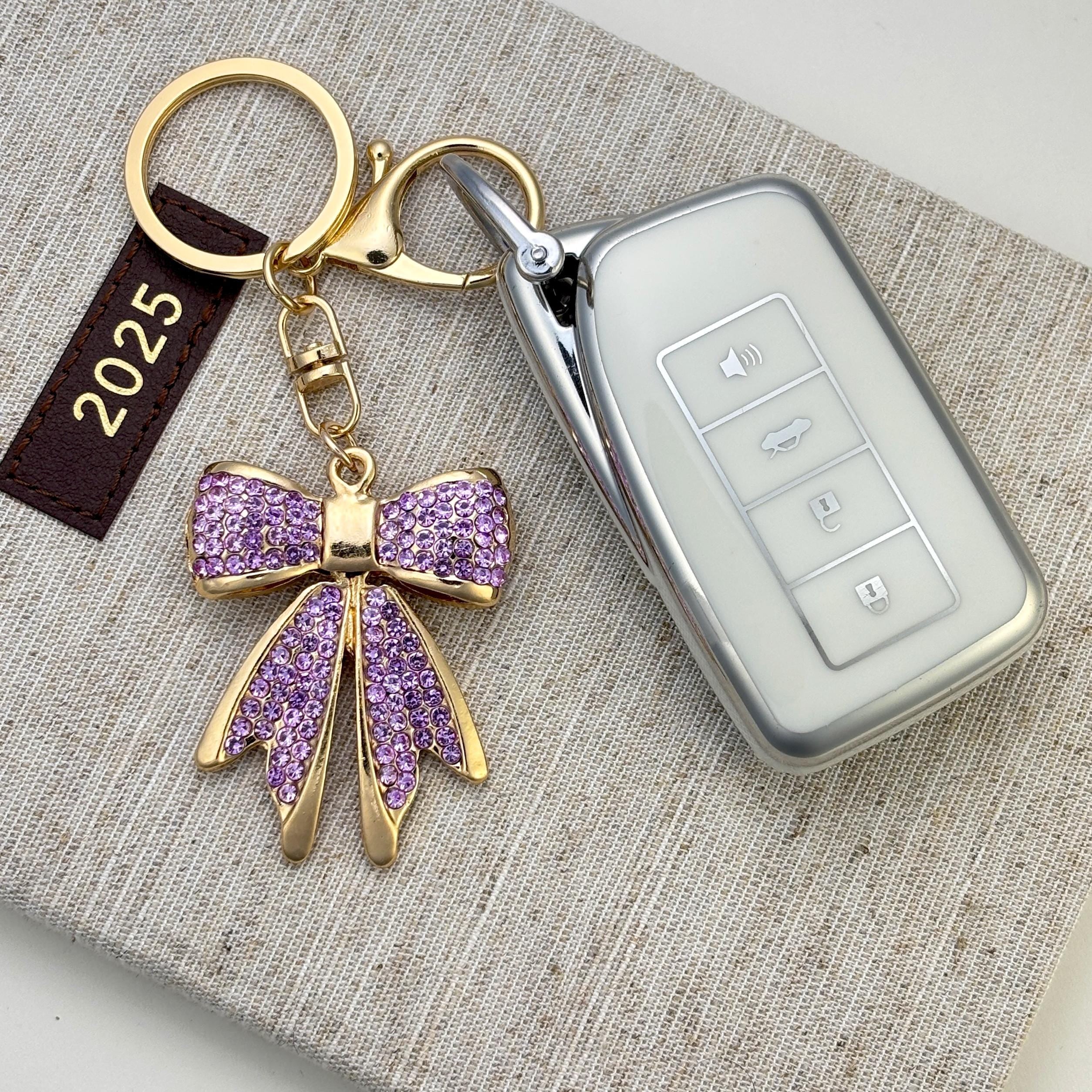 Purple Rhinestone Bow Keychain – New Car Driver Gift, Bling Crystal Bow Charm, Balletcore Keyring, Cute Gift for Mom, Stocking Stuffer
