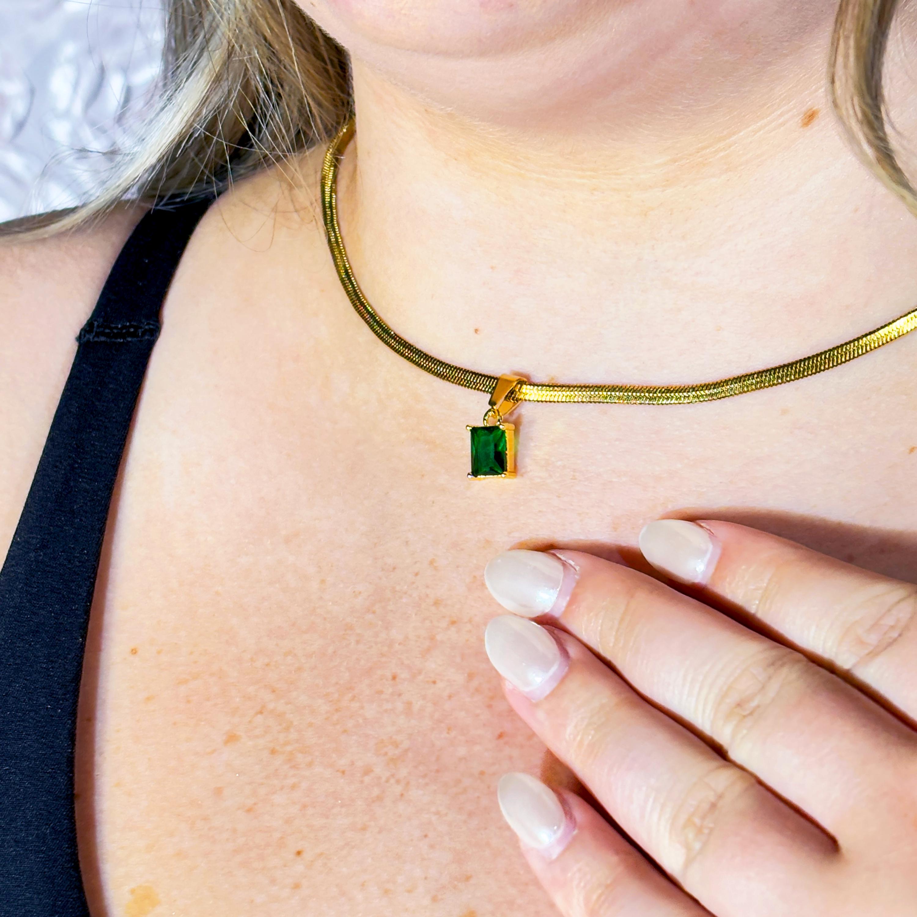 18K Gold Herringbone Snake Chain with Baguette Cut CZ Charm by Stella Amoré