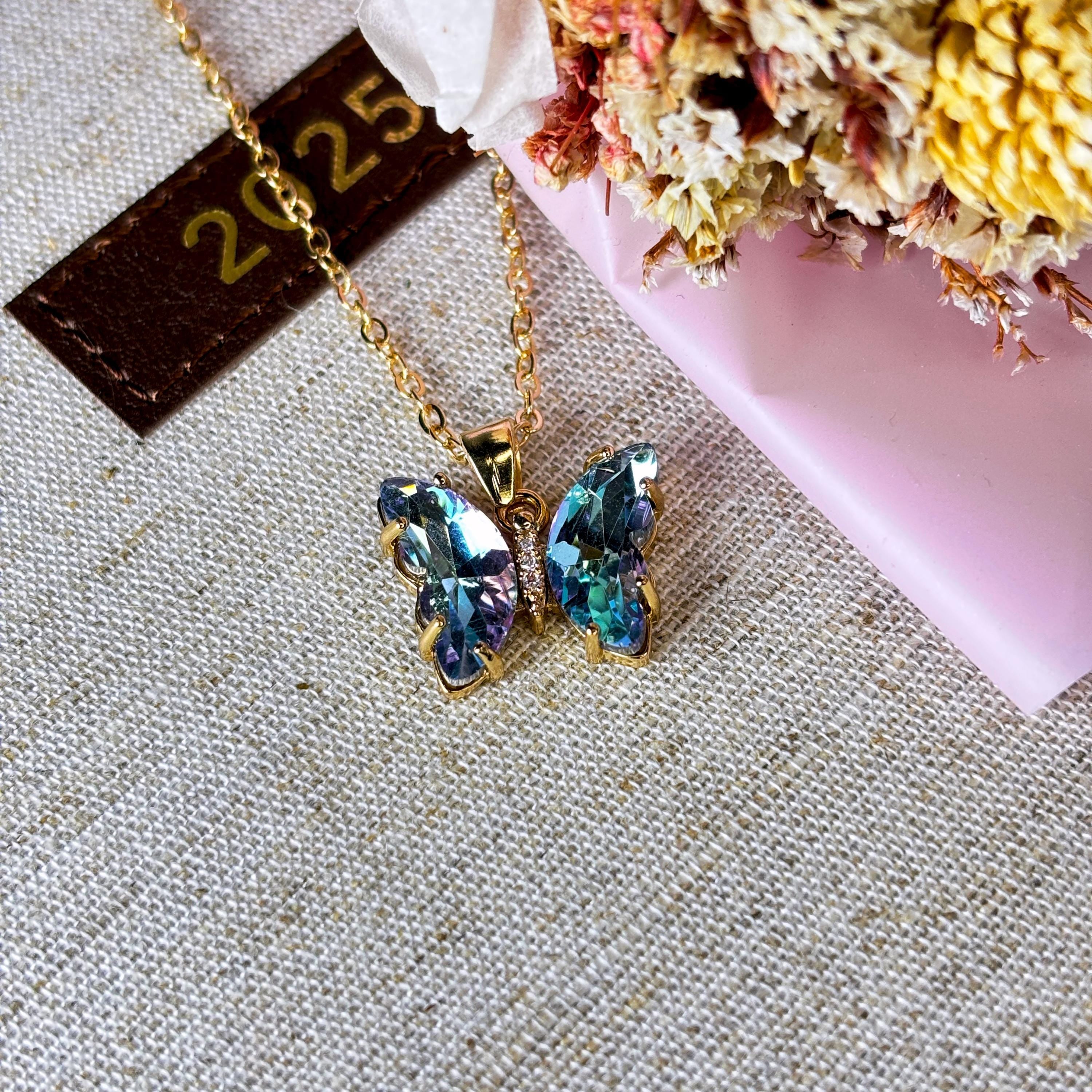 Iridescent Gradient Crystal Butterfly Necklace by Stella Amoré