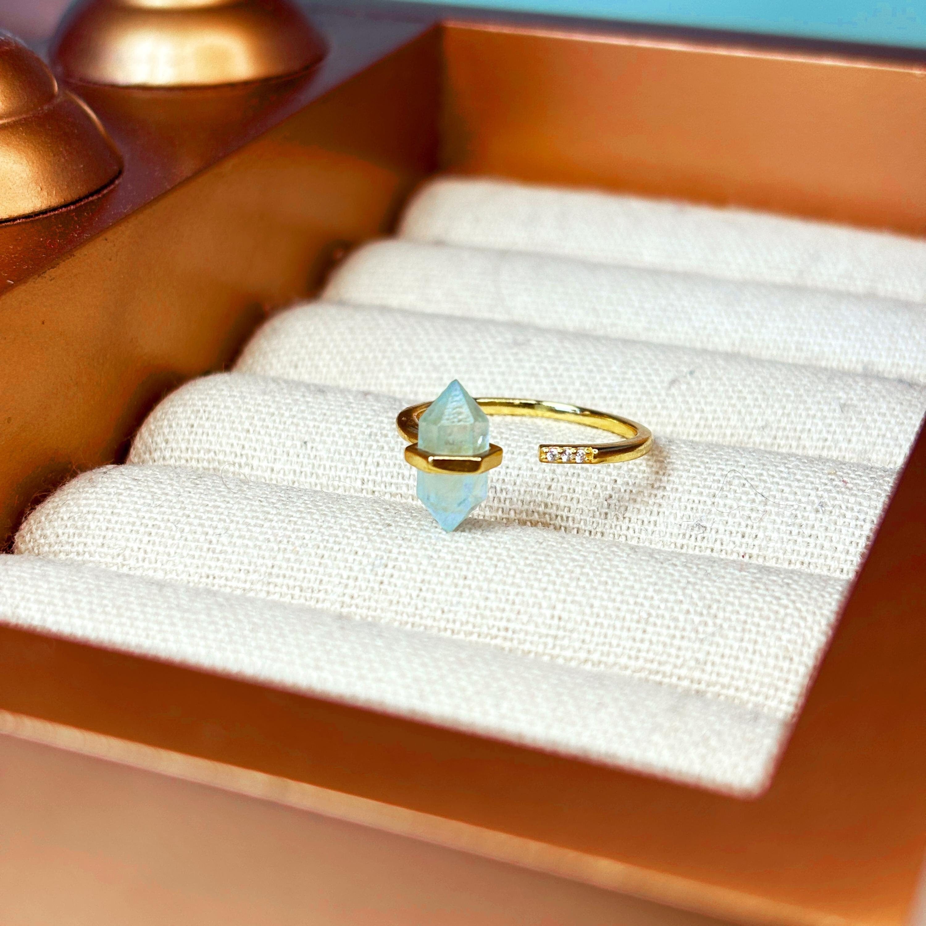Aquamarine Crystal Wand Ring – Adjustable Hexagonal Point