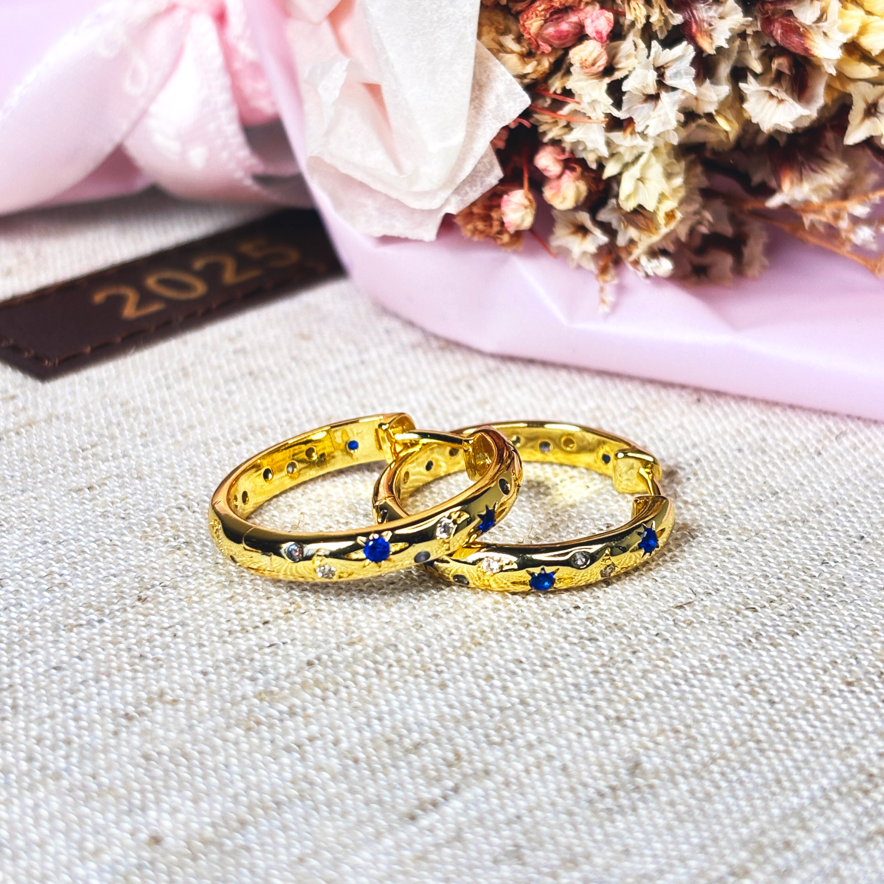 Rose Gold Blue Star Huggie Hoop Earrings | Celestial Starburst Hoops | Dainty Minimalistic Star Jewelry