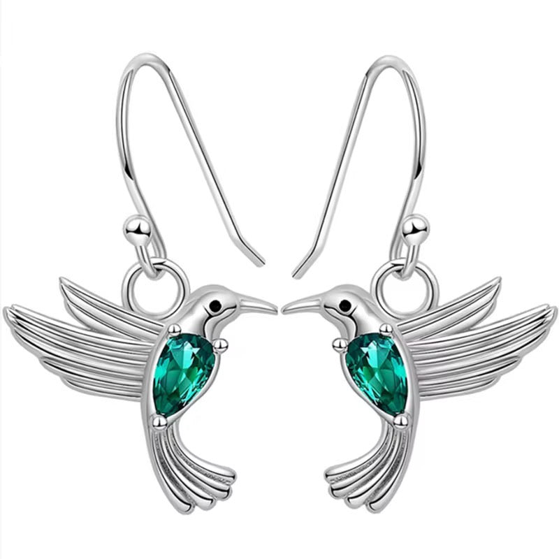 Hummingbird Earrings Sterling Silver | Flying Bird Earrings with Emerald Accent | Nature Jewelry Gift
