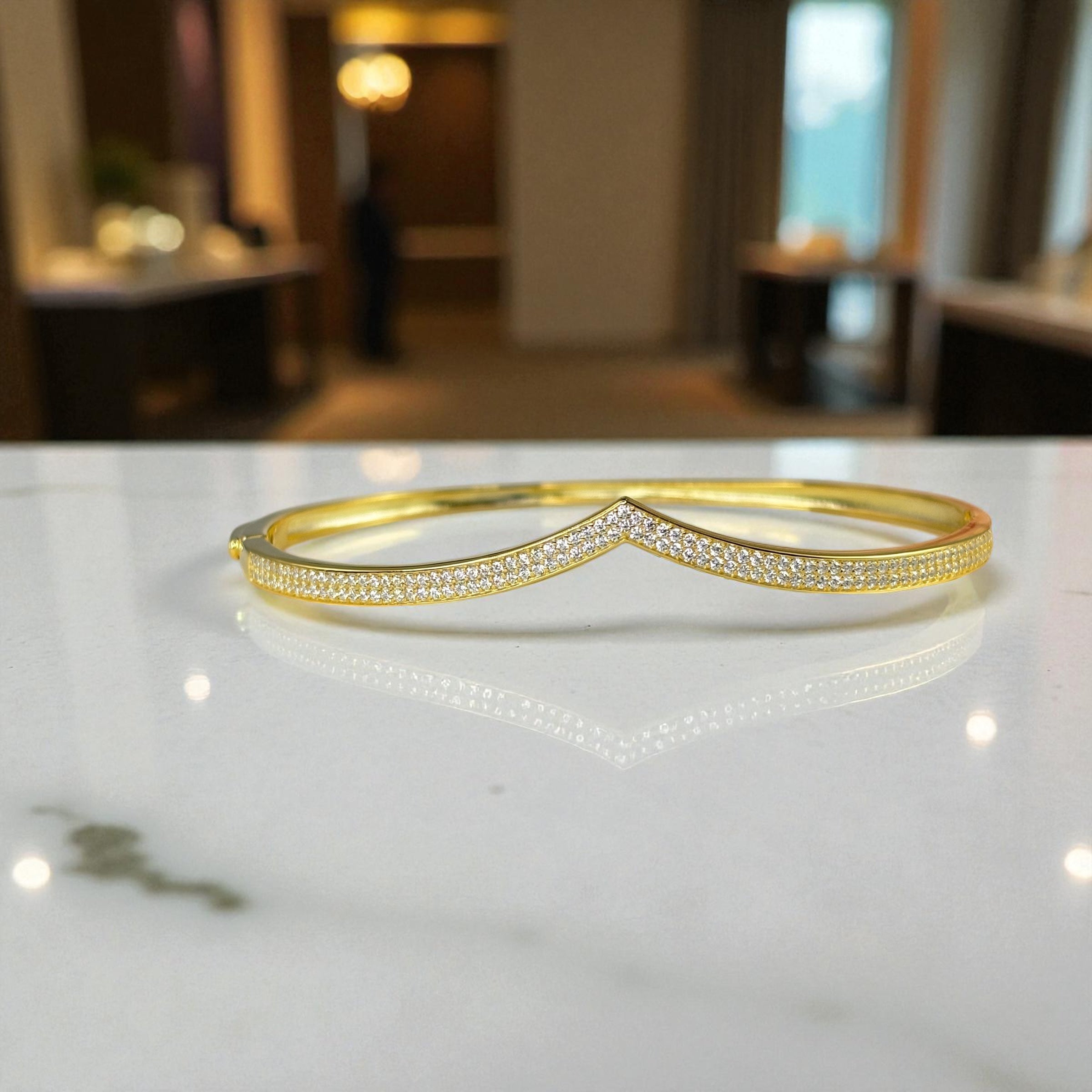 Wishbone Bangle Bracelet • V Shape CZ Minimalist Cuff • Stackable Gold Bracelet • Gift for Her