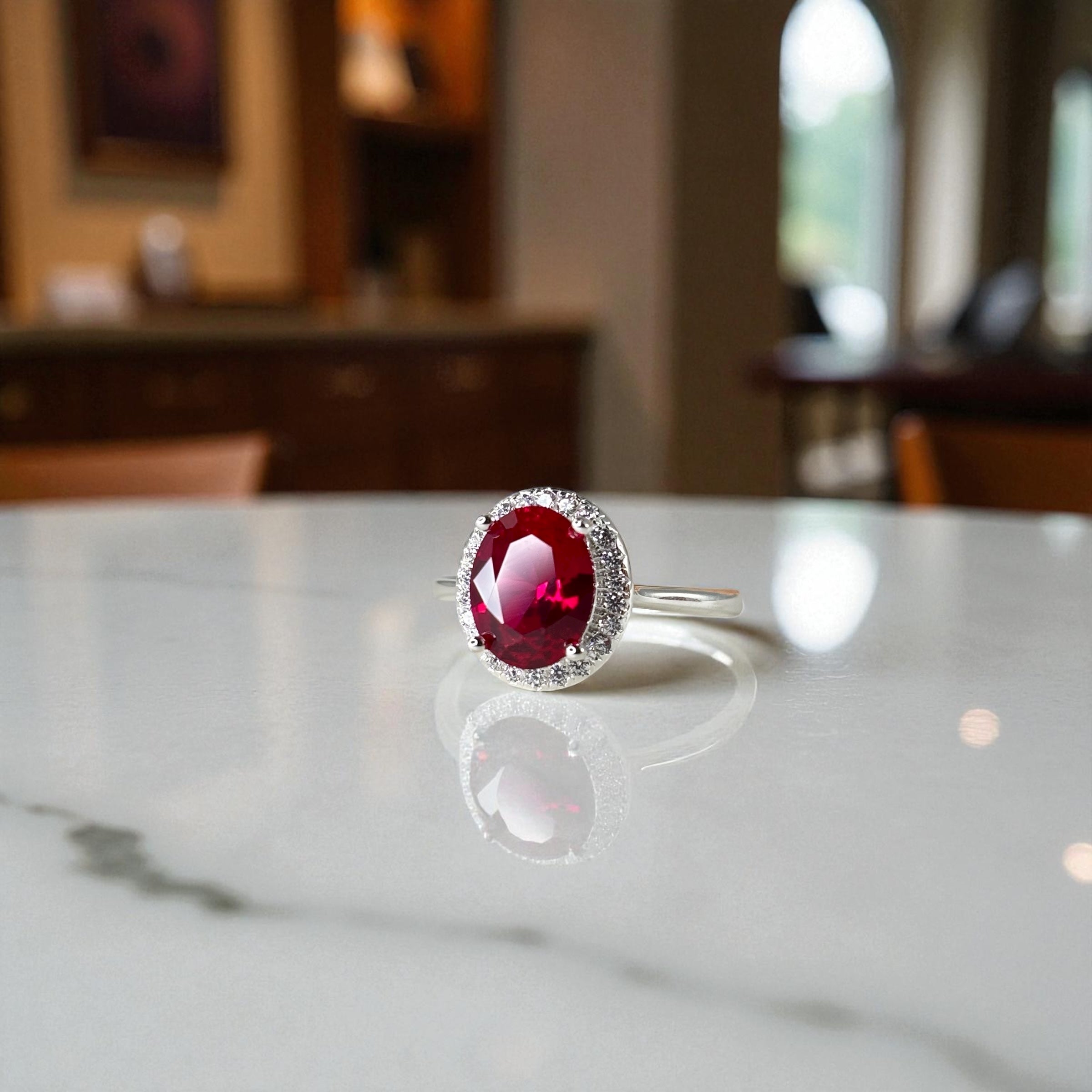 Oval Cut Halo Ring • Sterling Silver Ruby CZ Proposal Ring by Stella Amoré