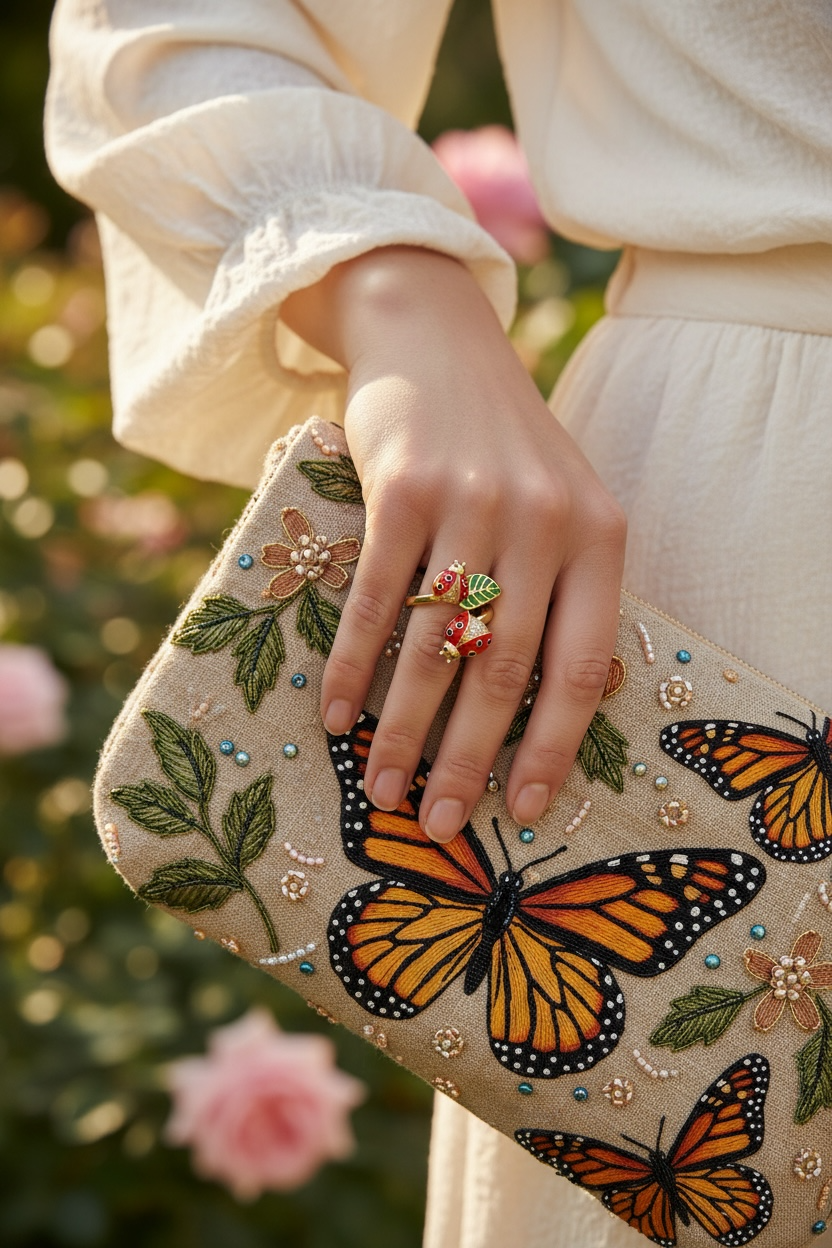 Ladybug & Flower Ring – Gold Enamel Lucky Adjustable Ring | Nature-Inspired Jewelry by Stella Amoré