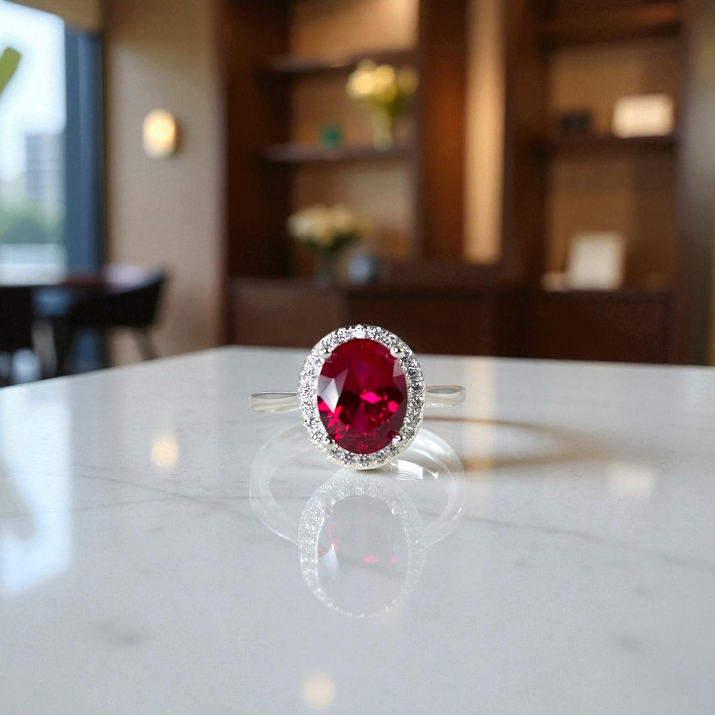 Oval Cut Halo Ring • Sterling Silver Ruby CZ Proposal Ring by Stella Amoré