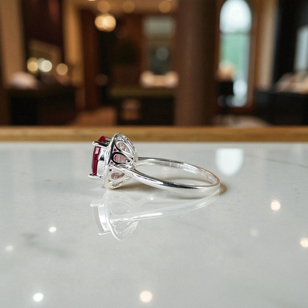Oval Cut Halo Ring • Sterling Silver Ruby CZ Proposal Ring by Stella Amoré