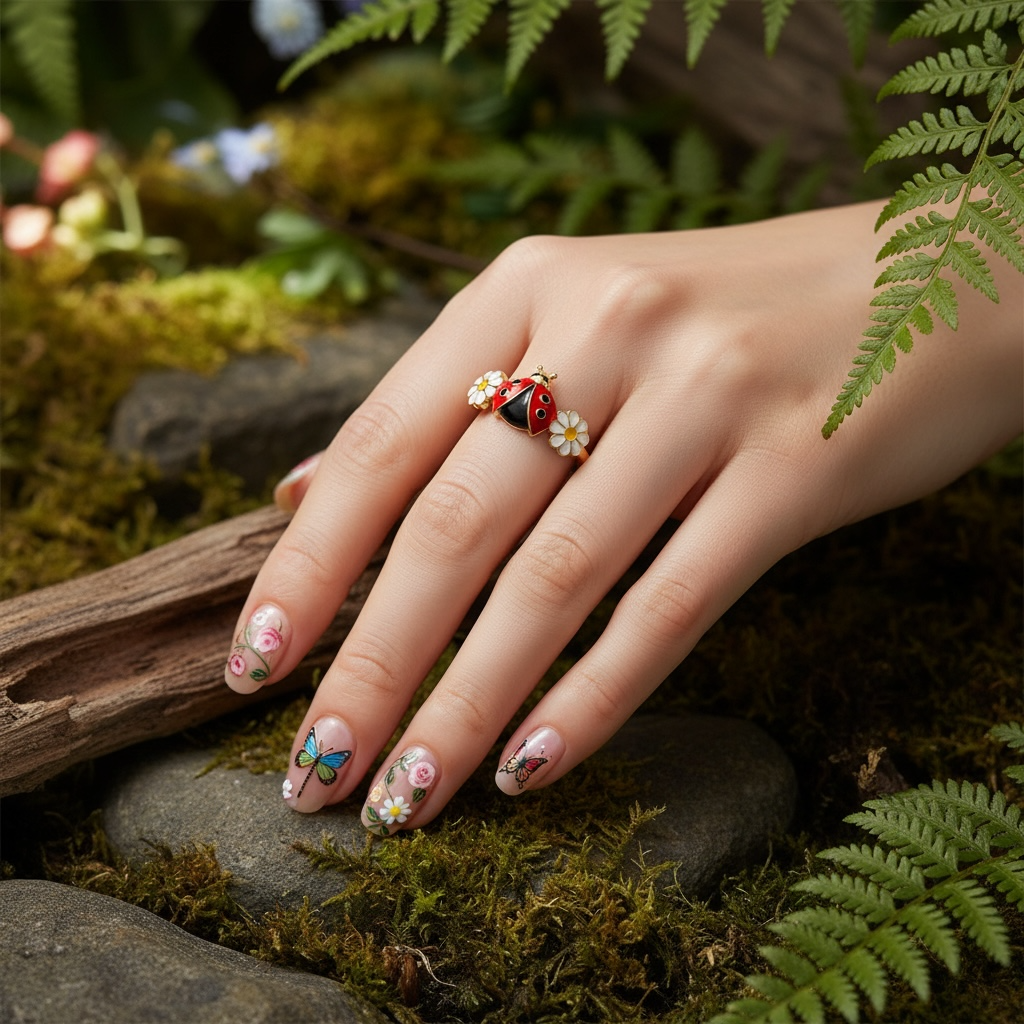 Daisy Garden Ladybug Ring – Gold Enamel Lucky Adjustable Ring | Nature-Inspired Jewelry by Stella Amoré