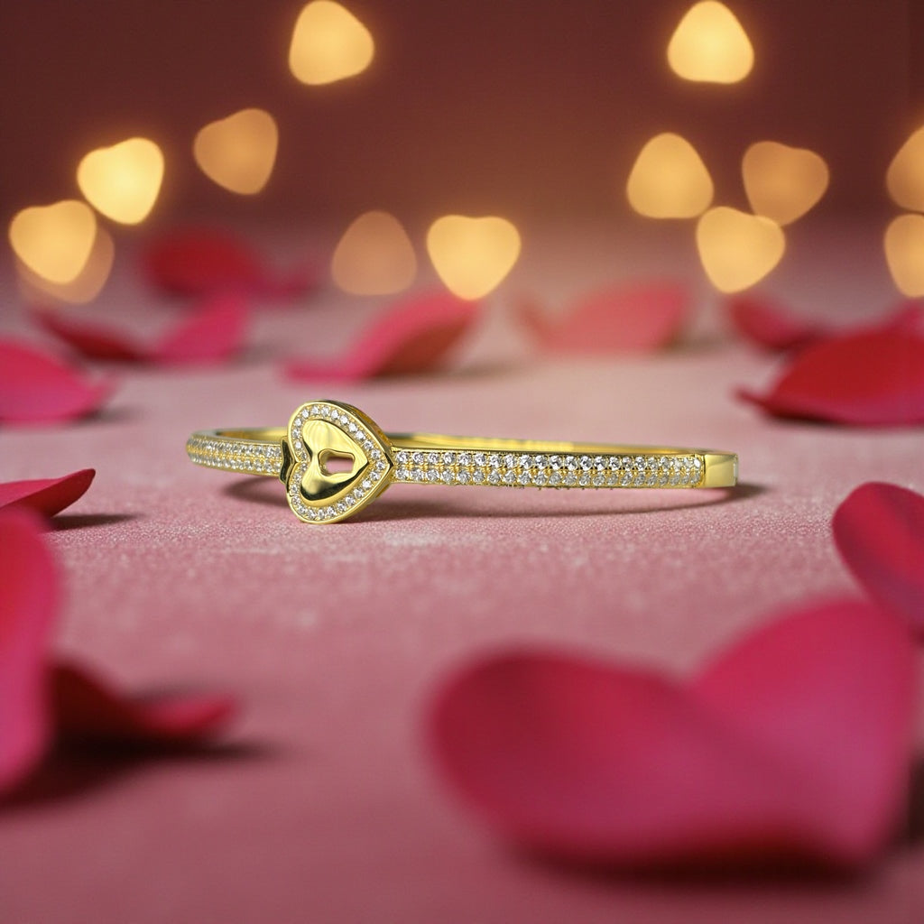 Heart Padlock Bangle Bracelet – 18K White & Yellow Gold Vermeil over Sterling Silver Sentimental Gift for Her, Promise Jewelry