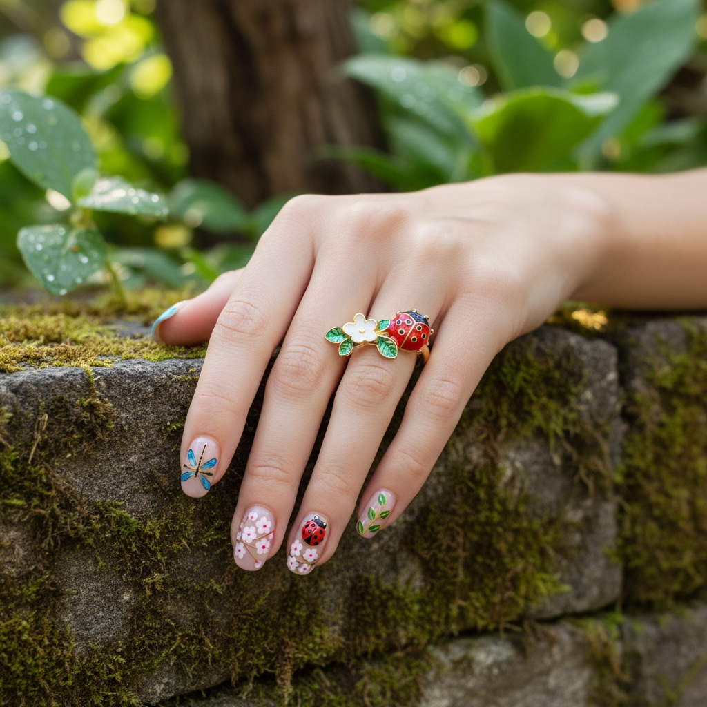 Ladybug & Flower Ring – Gold Enamel Lucky Adjustable Ring | Nature-Inspired Jewelry by Stella Amoré