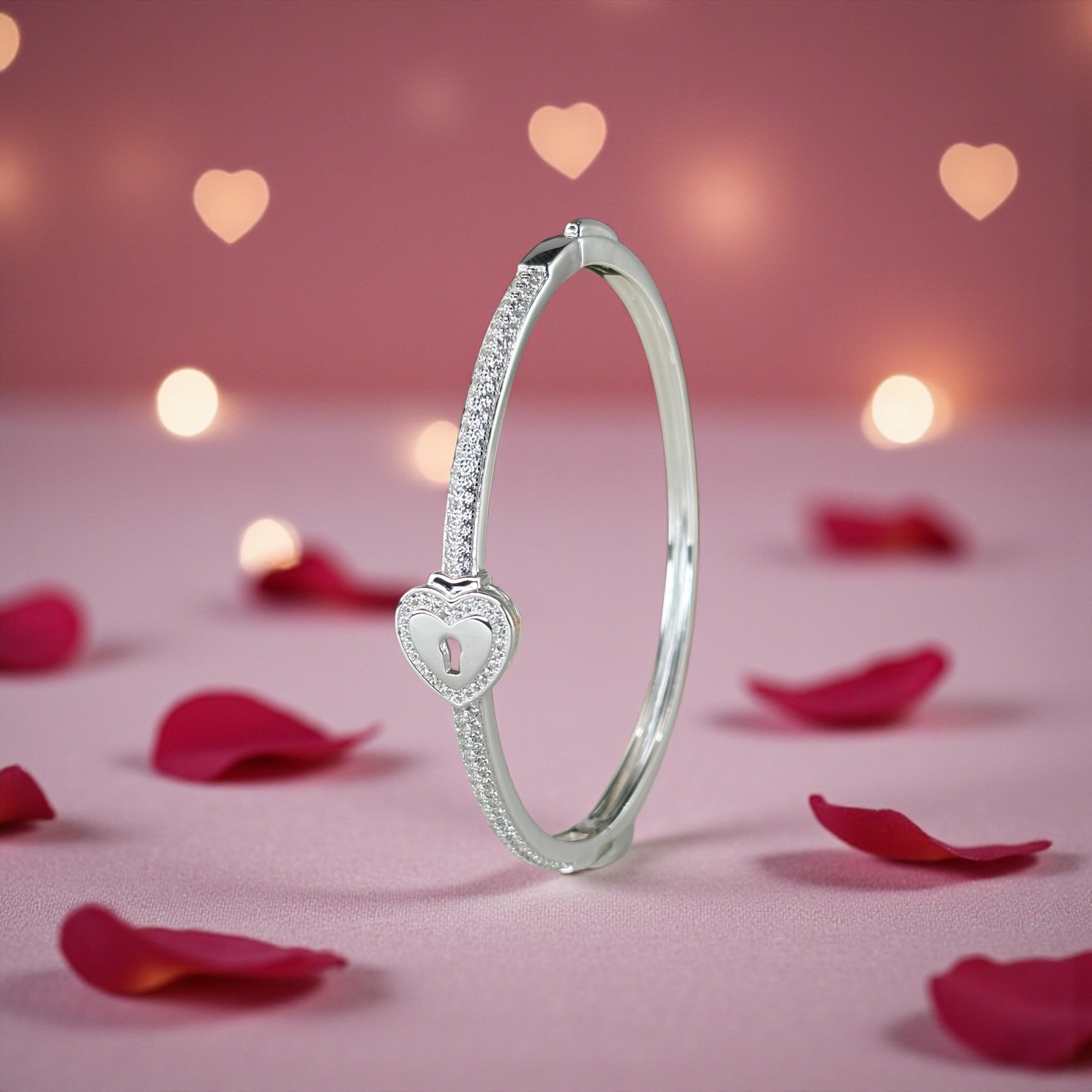 Heart Padlock Bangle Bracelet – 18K White & Yellow Gold Vermeil over Sterling Silver Sentimental Gift for Her, Promise Jewelry