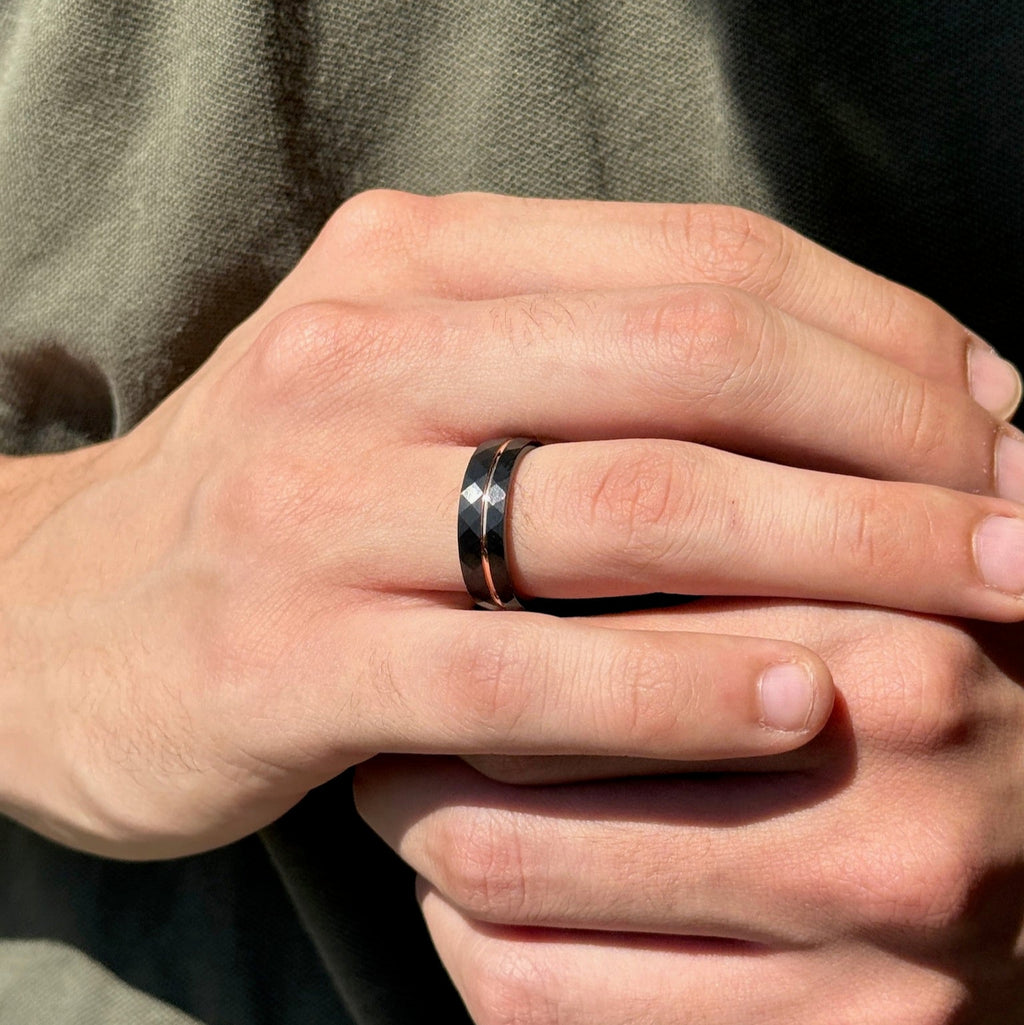 Rose Gold Tungsten Ring • Black Hammered Men’s Wedding Band • Faceted Comfort Fit Male Promise Ring
