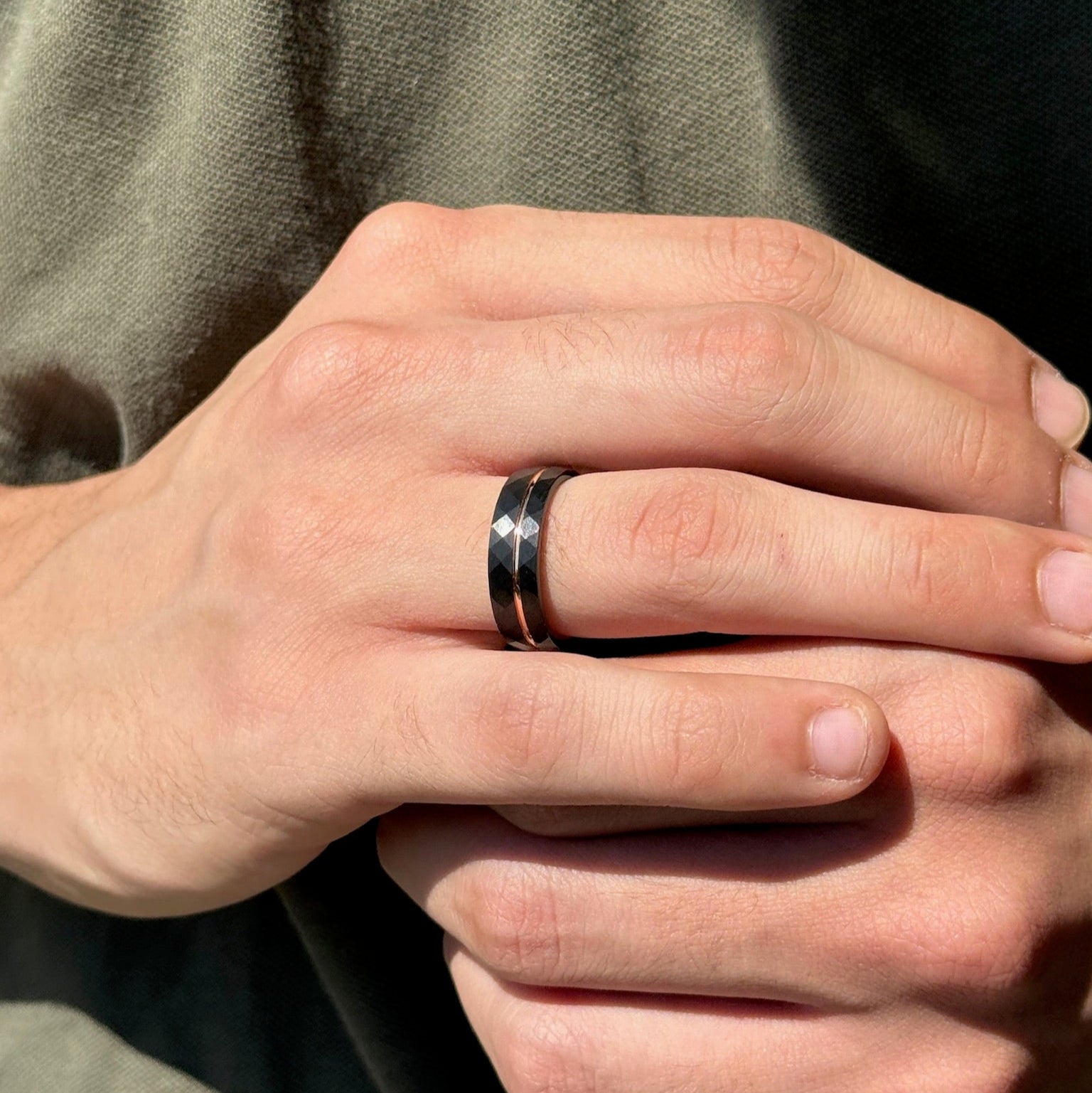 Rose Gold Tungsten Ring • Black Hammered Men’s Wedding Band • Faceted Comfort Fit Male Promise Ring