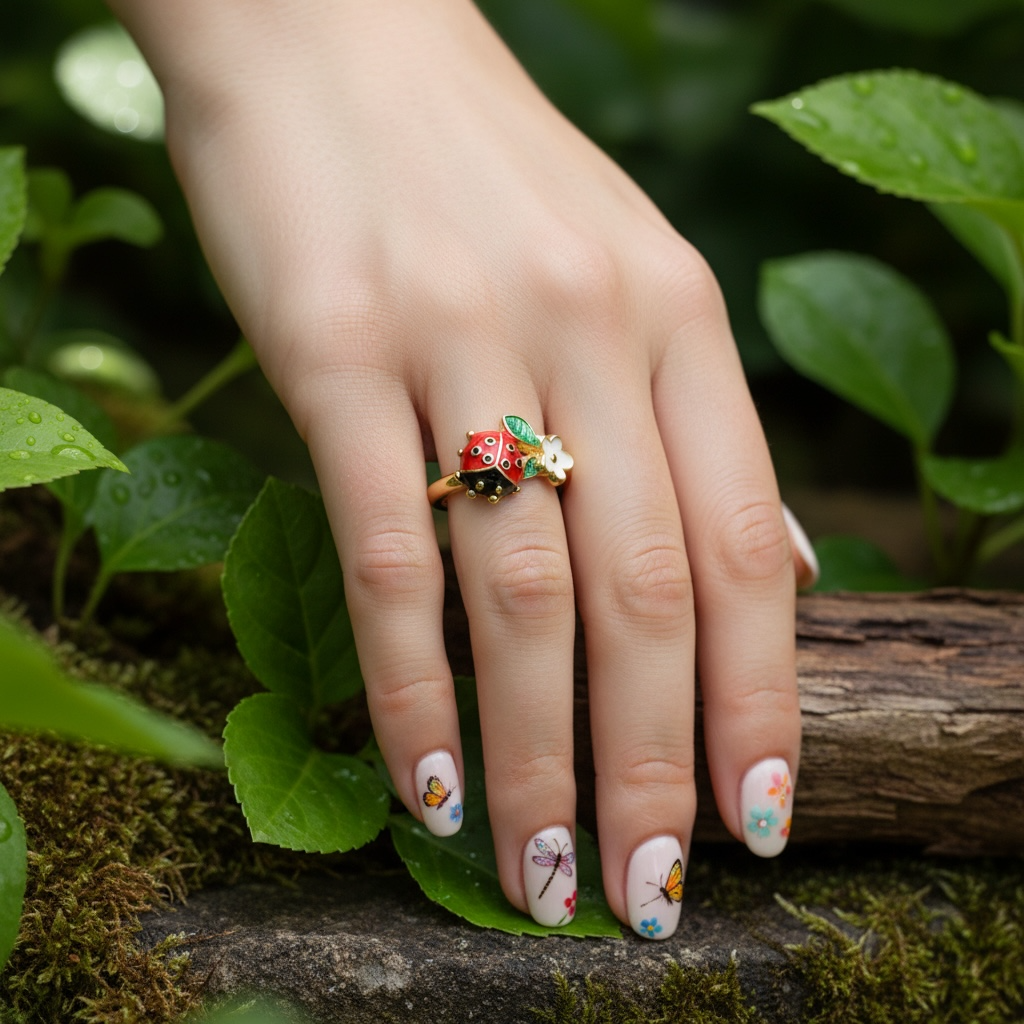 Daisy Garden Ladybug Ring – Gold Enamel Lucky Adjustable Ring | Nature-Inspired Jewelry by Stella Amoré
