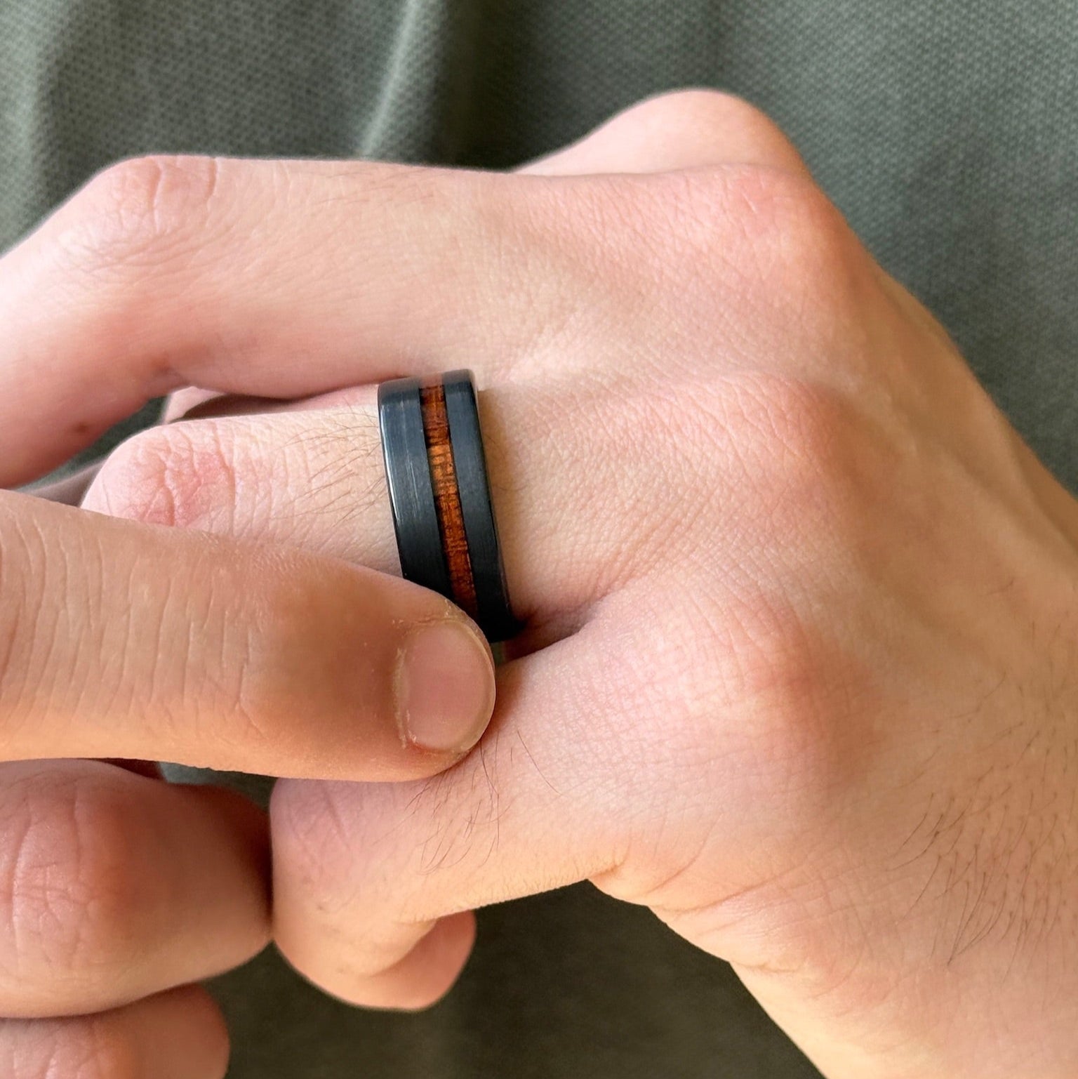 Black Tungsten Wood Inlay Ring • Men’s Wooden Wedding Band • Whiskey Barrel Style Tungsten Ring with Comfort Fit