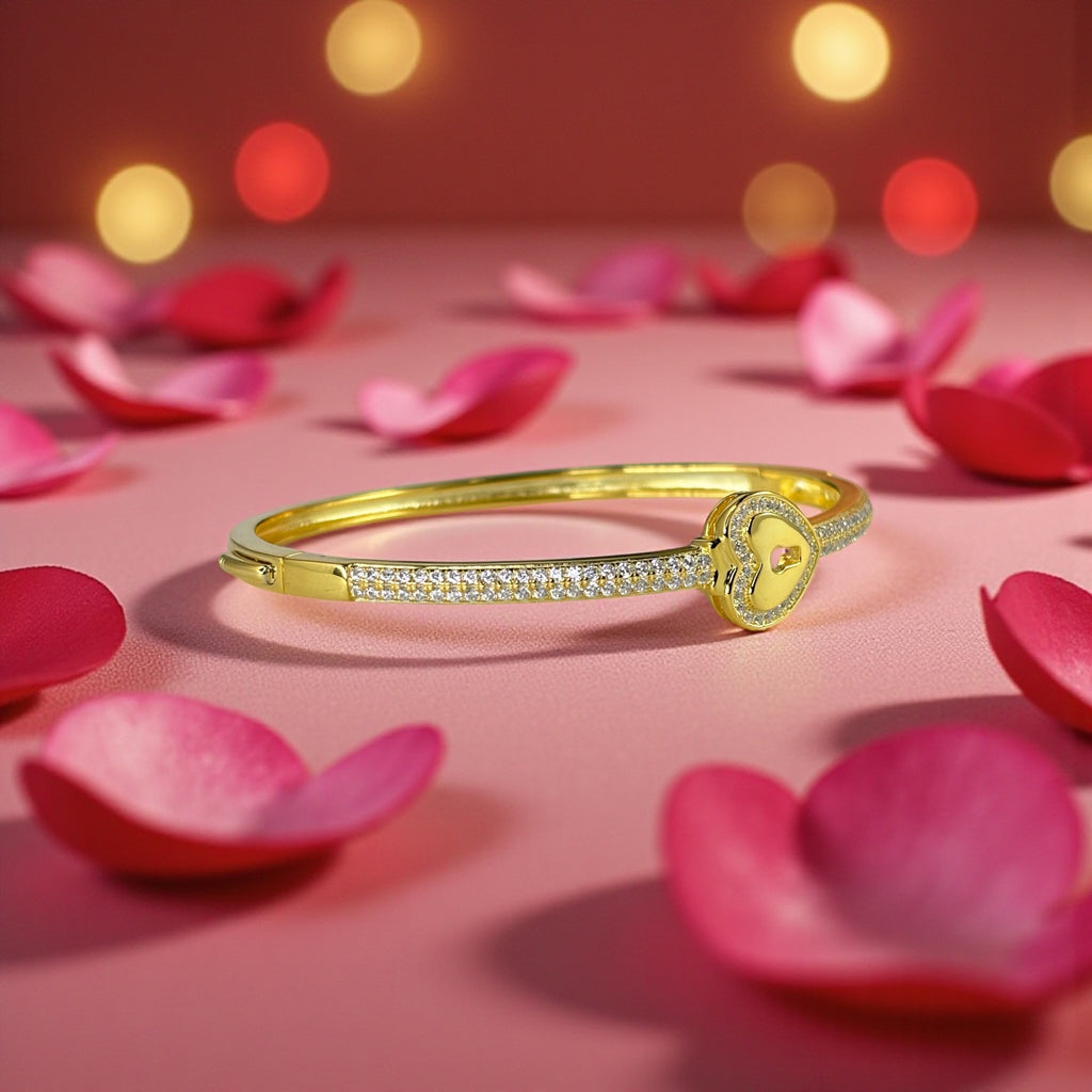 Heart Padlock Bangle Bracelet – 18K White & Yellow Gold Vermeil over Sterling Silver Sentimental Gift for Her, Promise Jewelry