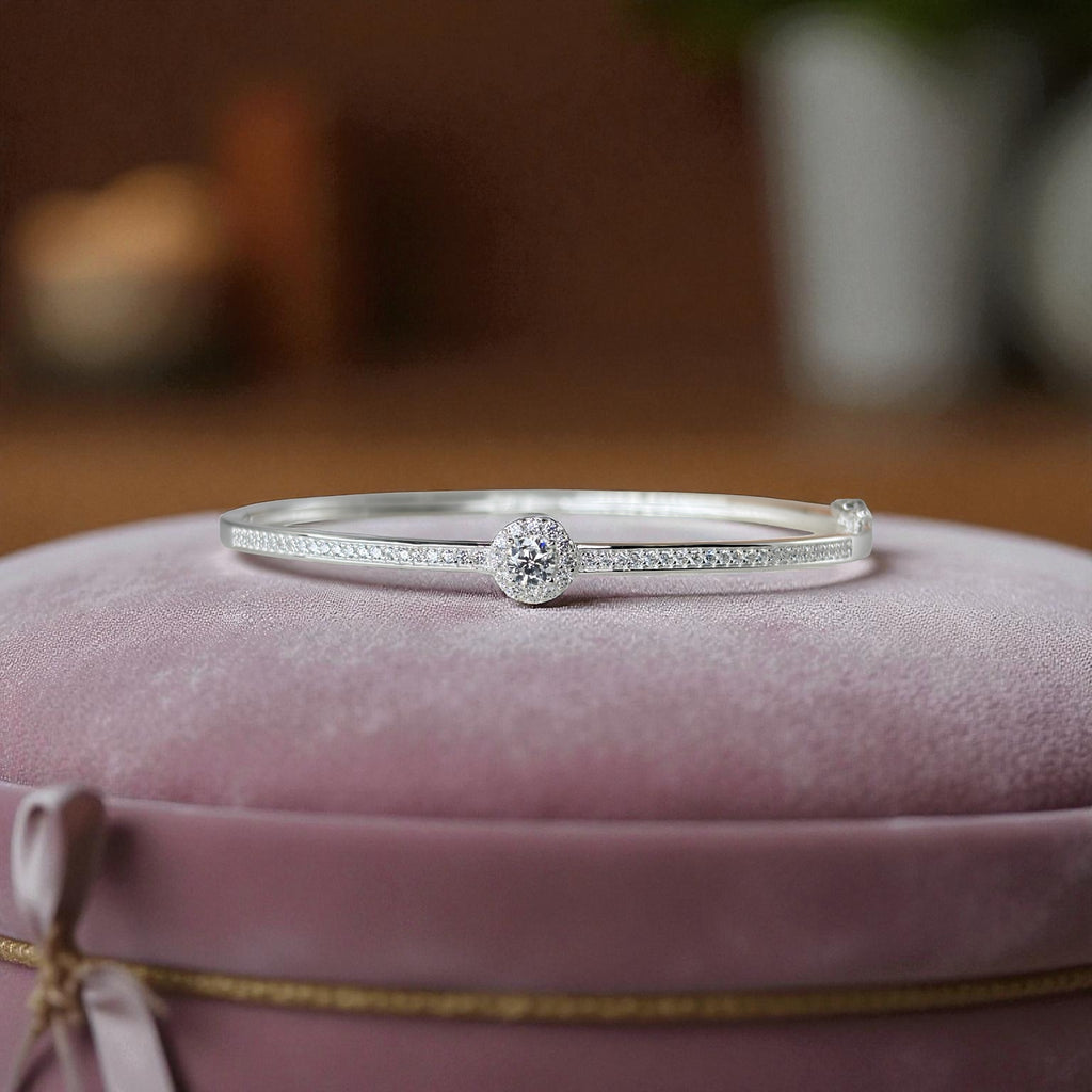 Solitaire Diamond Bangle Bracelet – White Gold Vermeil over Sterling Silver, Pave CZ Bridal Jewelry, Promise Gift for Her