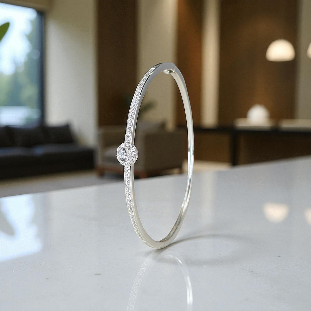 Solitaire Diamond Bangle Bracelet – White Gold Vermeil over Sterling Silver, Pave CZ Bridal Jewelry, Promise Gift for Her