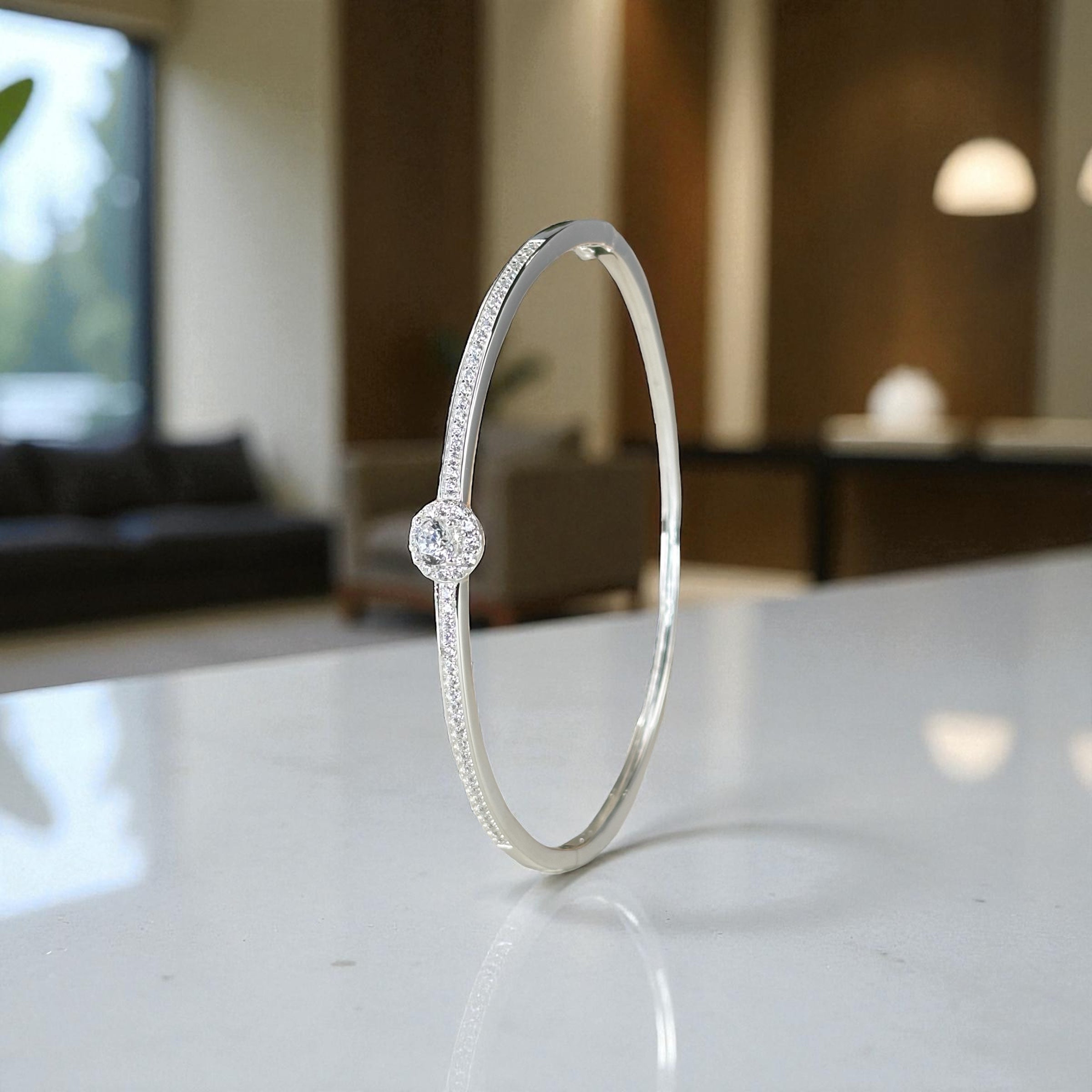 Solitaire Diamond Bangle Bracelet – White Gold Vermeil over Sterling Silver, Pave CZ Bridal Jewelry, Promise Gift for Her