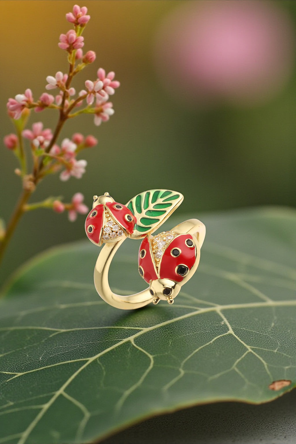 Double Ladybug Leaf Ring – Gold Enamel Lucky Adjustable Ring | Nature Garden Jewelry by Stella Amoré