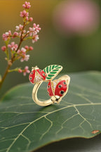 Daisy Garden Ladybug Ring – Gold Enamel Lucky Adjustable Ring | Nature-Inspired Jewelry by Stella Amoré
