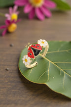 Daisy Garden Ladybug Ring – Gold Enamel Lucky Adjustable Ring | Nature-Inspired Jewelry by Stella Amoré
