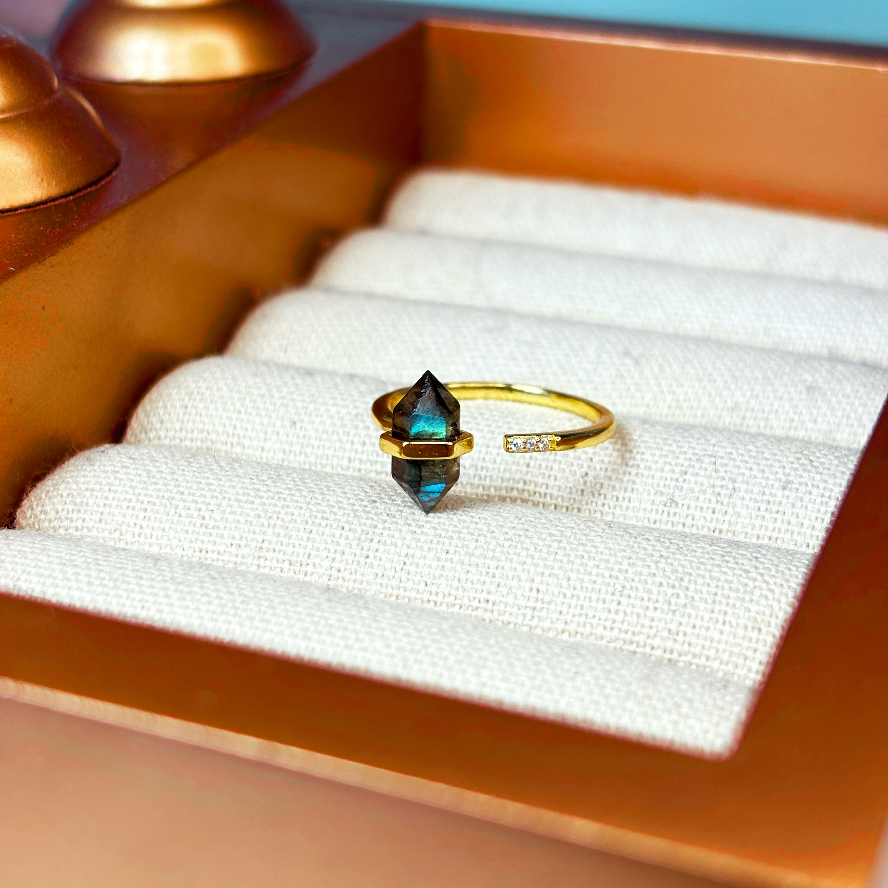 Obsidian Crystal Point Ring — Adjustable Gold Ring for Protection & Strength