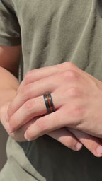Black Tungsten Wood Inlay Ring • Men’s Wooden Wedding Band • Whiskey Barrel Style Tungsten Ring with Comfort Fit