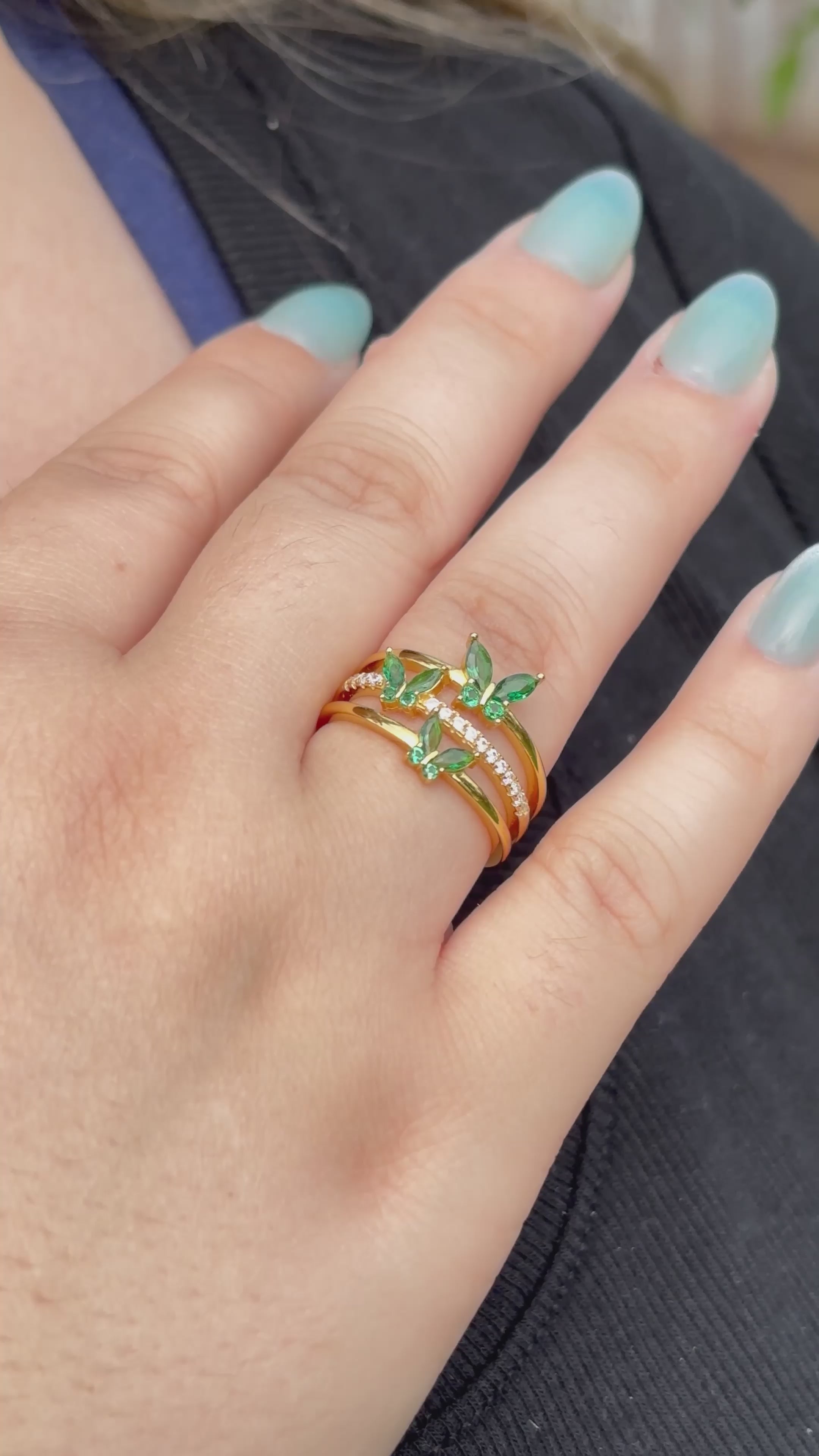 14K Gold Butterfly Crystal Ring: Adjustable Birthstone Jewelry