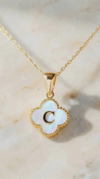 Clover Initial Necklace | Mother of Pearl Letter Necklace in 14K Gold | Waterproof Initial Pendant | Minimalist Personalized Jewelry