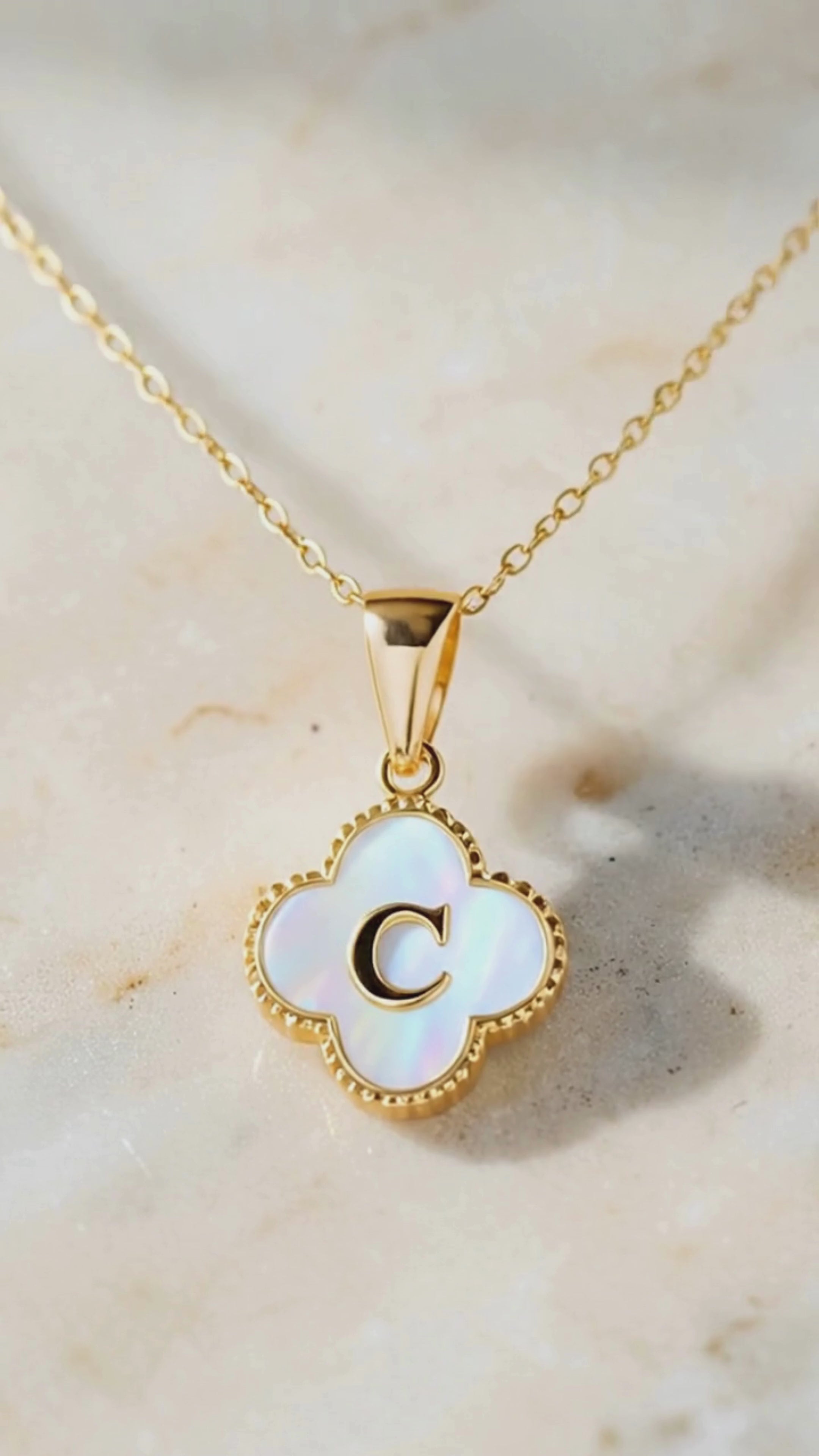 Clover Initial Necklace | Mother of Pearl Letter Necklace in 14K Gold | Waterproof Initial Pendant | Minimalist Personalized Jewelry