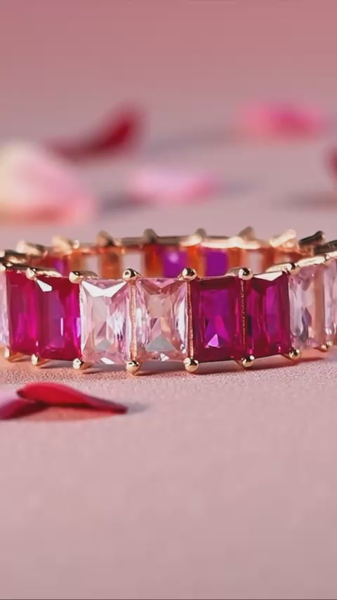Baguette Eternity Ring — Full Eternity Band with Pink Ruby CZ • Emerald Cut Stacking Ring • Dainty Anniversary Gift for Girlfriend or Sister