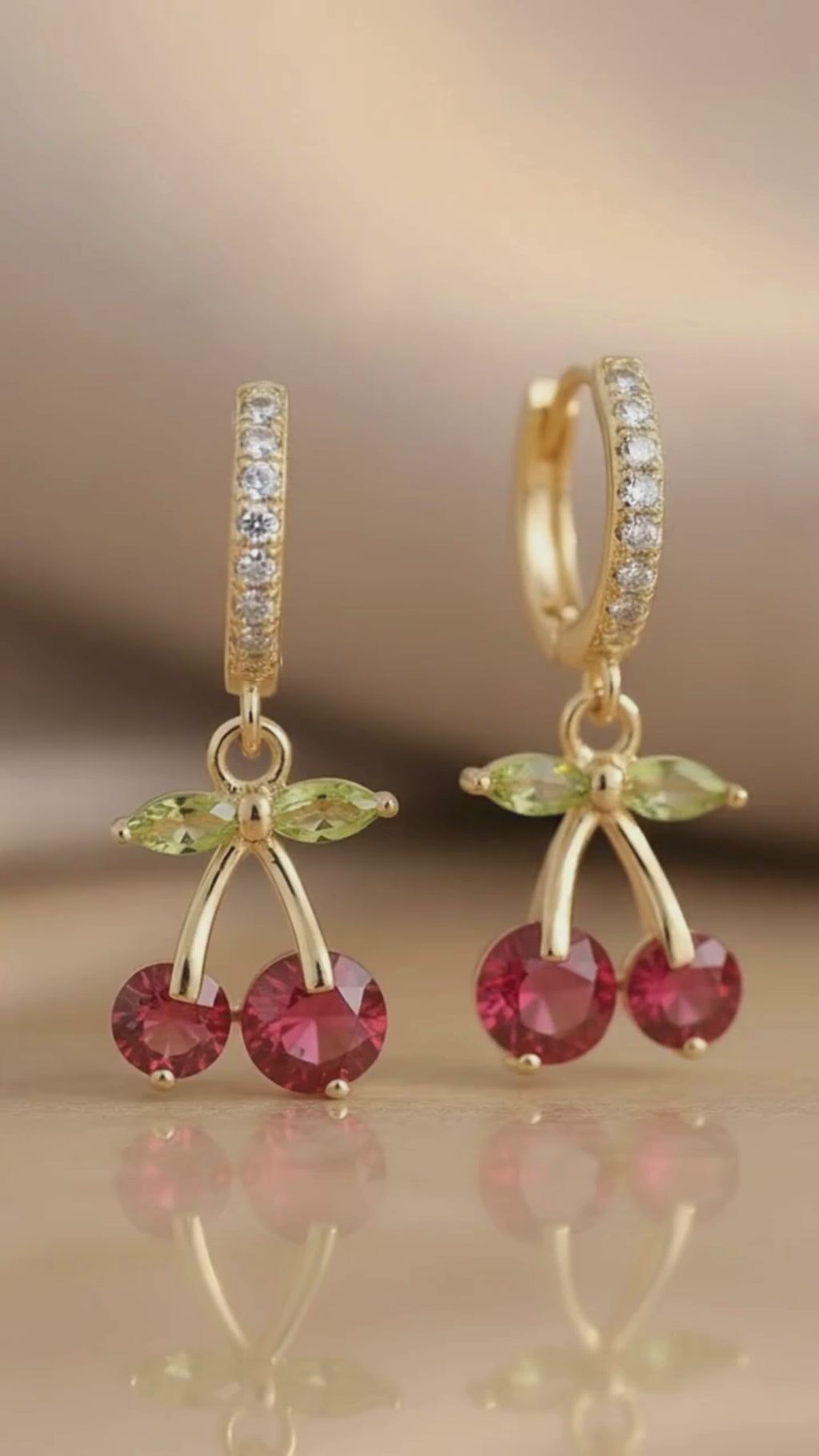 Cherry Huggie Hoop Earrings in Gold | Cute CZ Cherry Charm Hoops | Lightweight Stainless Steel Summer Huggies | Fruit Jewelry