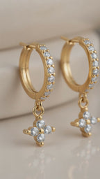 Gold Clover Shaped Cut Diamond Huggie Hoops Earrings | Elegant Sterling Silver Jewelry | Statement Fashion Earrings