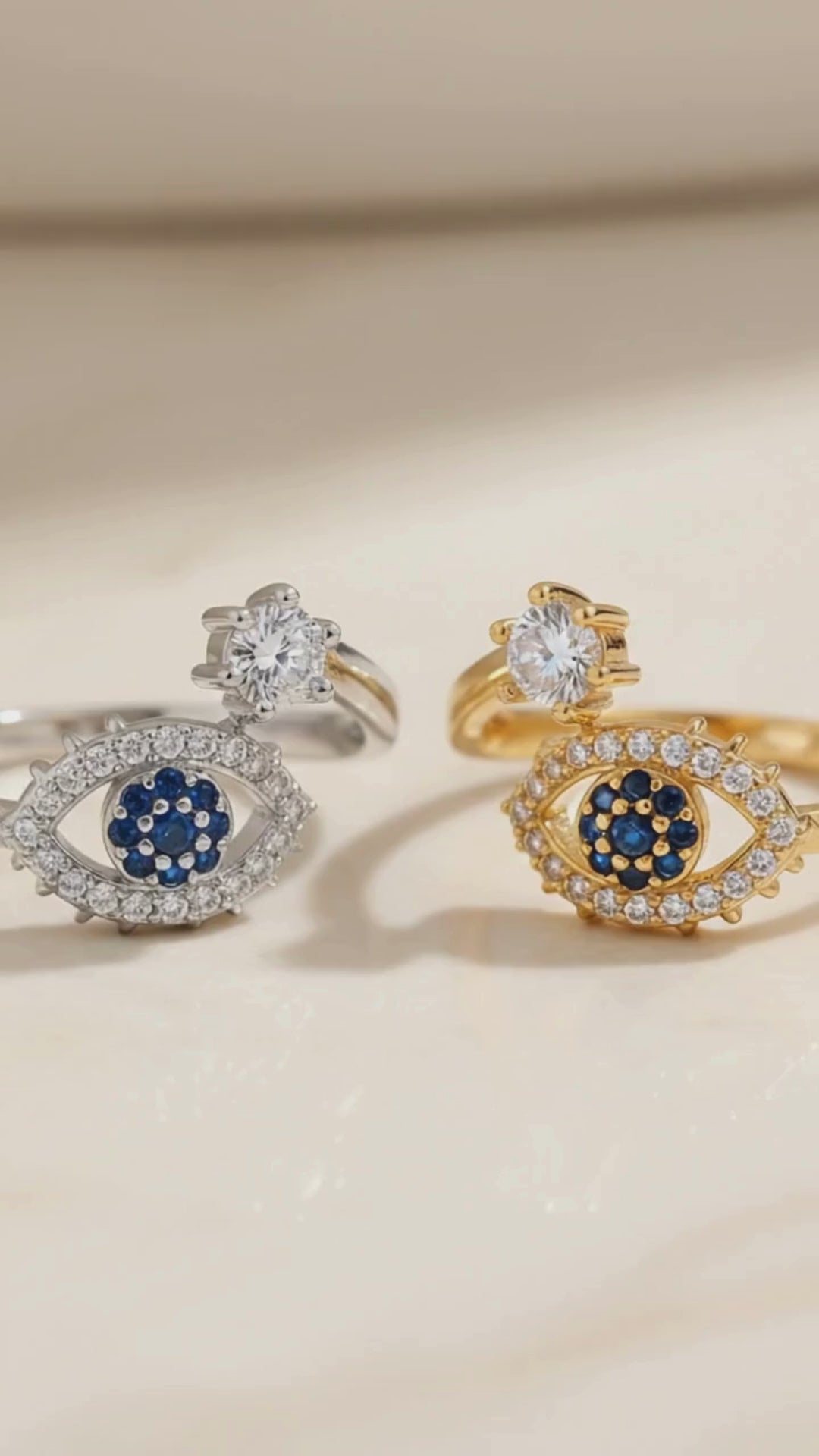 Adjustable Evil Eye Ring in Gold or Silver | CZ Stacking Ring | Dainty Protection Ring | Thin Delicate Good Luck Charm