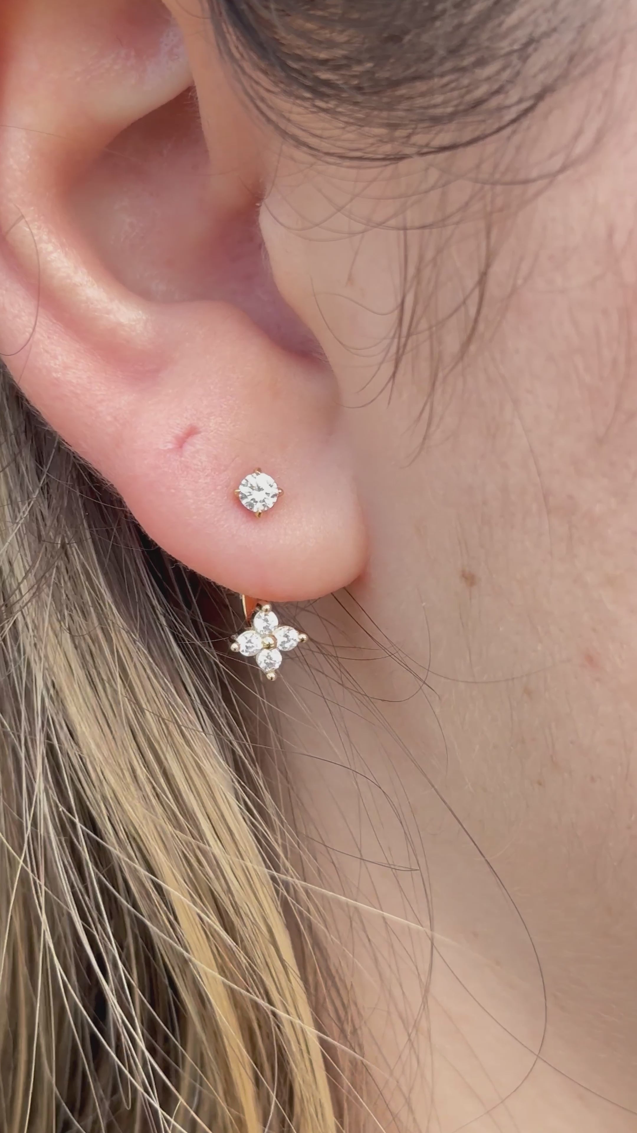 14K Gold Pave Curve CZ Drop Earrings: Sterling Silver Adjustable Cartilage Studs