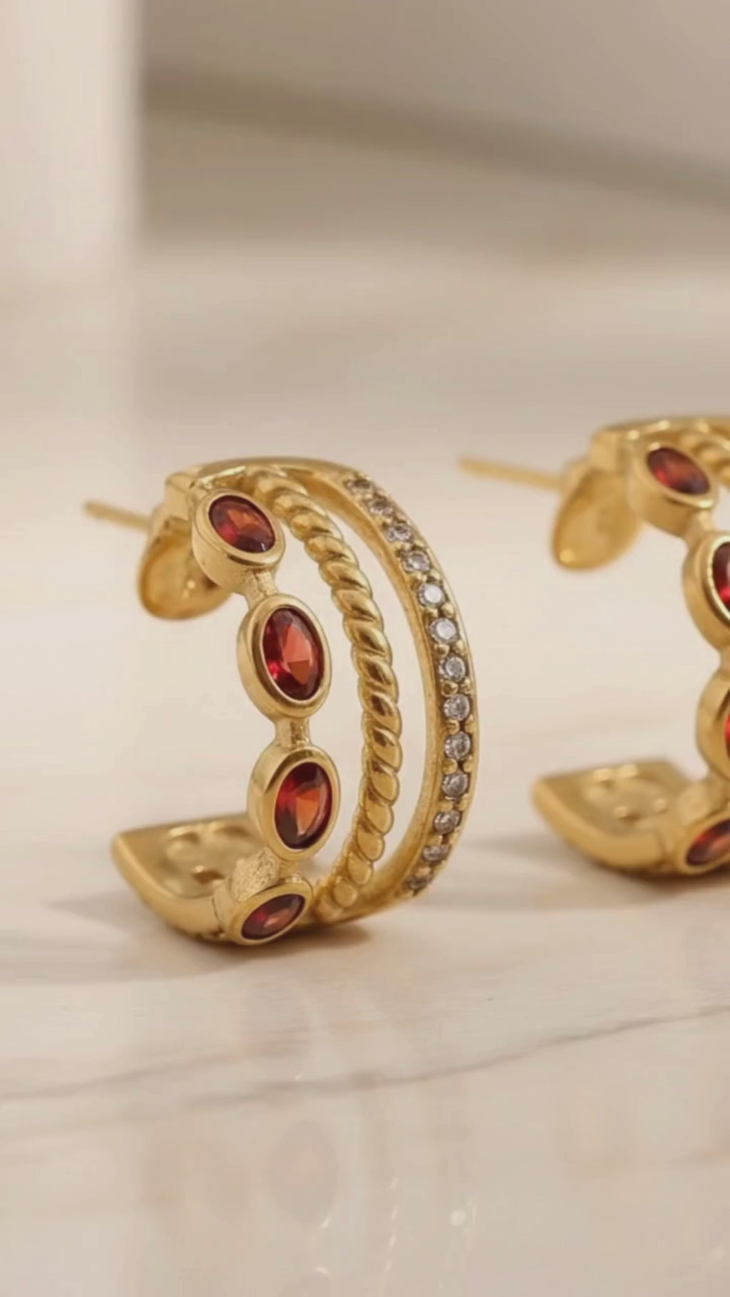 Gold Garnet Triple Hoop Earrings, January Birthstone Huggies, Oval Red Gemstone 18K Gold Stainless Steel Statement Hoops