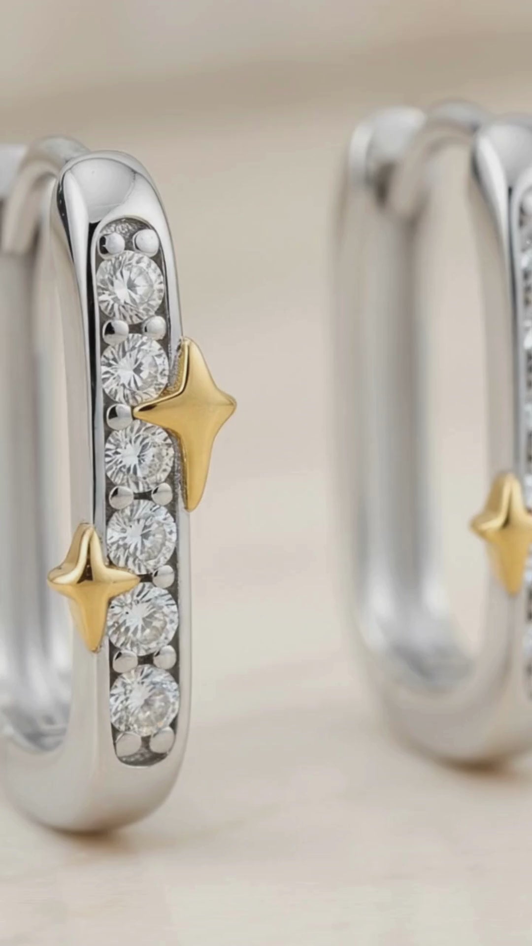 Star Pavé Diamond Huggie Earrings | Mixed Metal U-Shaped CZ Hoops in Sterling Silver | Star Accent Huggies | Dainty Everyday Earrings