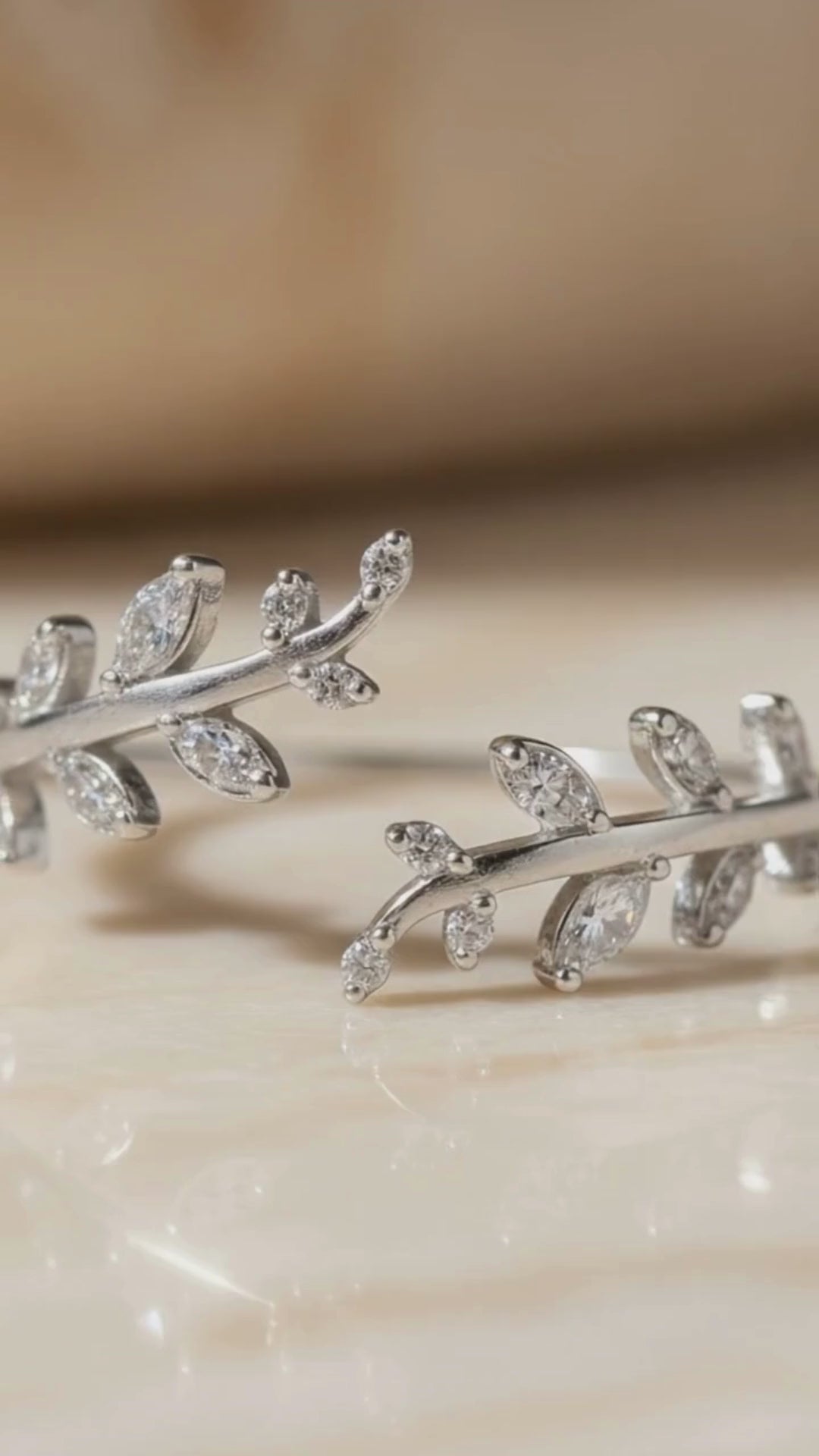 Gold Leaf Ring – Dainty Vine Ring with CZ, Adjustable Curved Flower Band, Promise Ring for Her