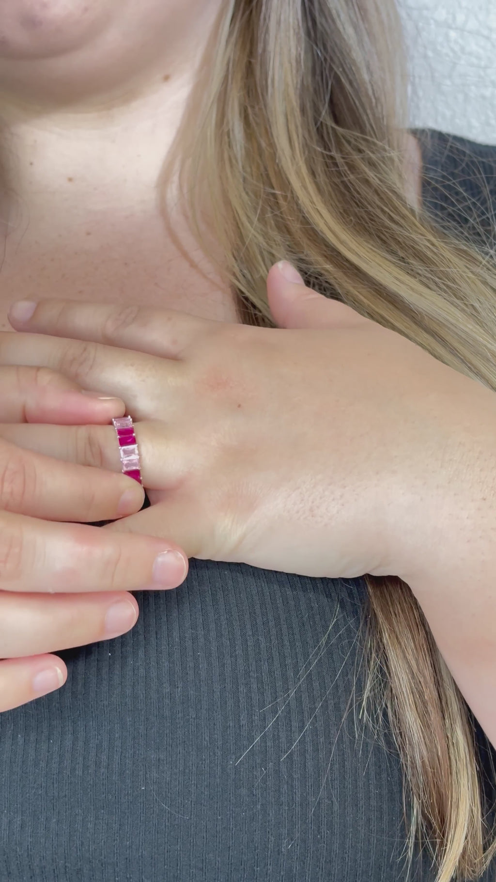 Baguette Eternity Ring — Full Eternity Band with Pink Ruby CZ • Emerald Cut Stacking Ring • Dainty Anniversary Gift for Girlfriend or Sister