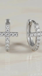 Diamond Cross Huggie Hoop Earrings • Gold or Silver • Small Hypoallergenic Hoops • Tiny CZ Earrings for Women