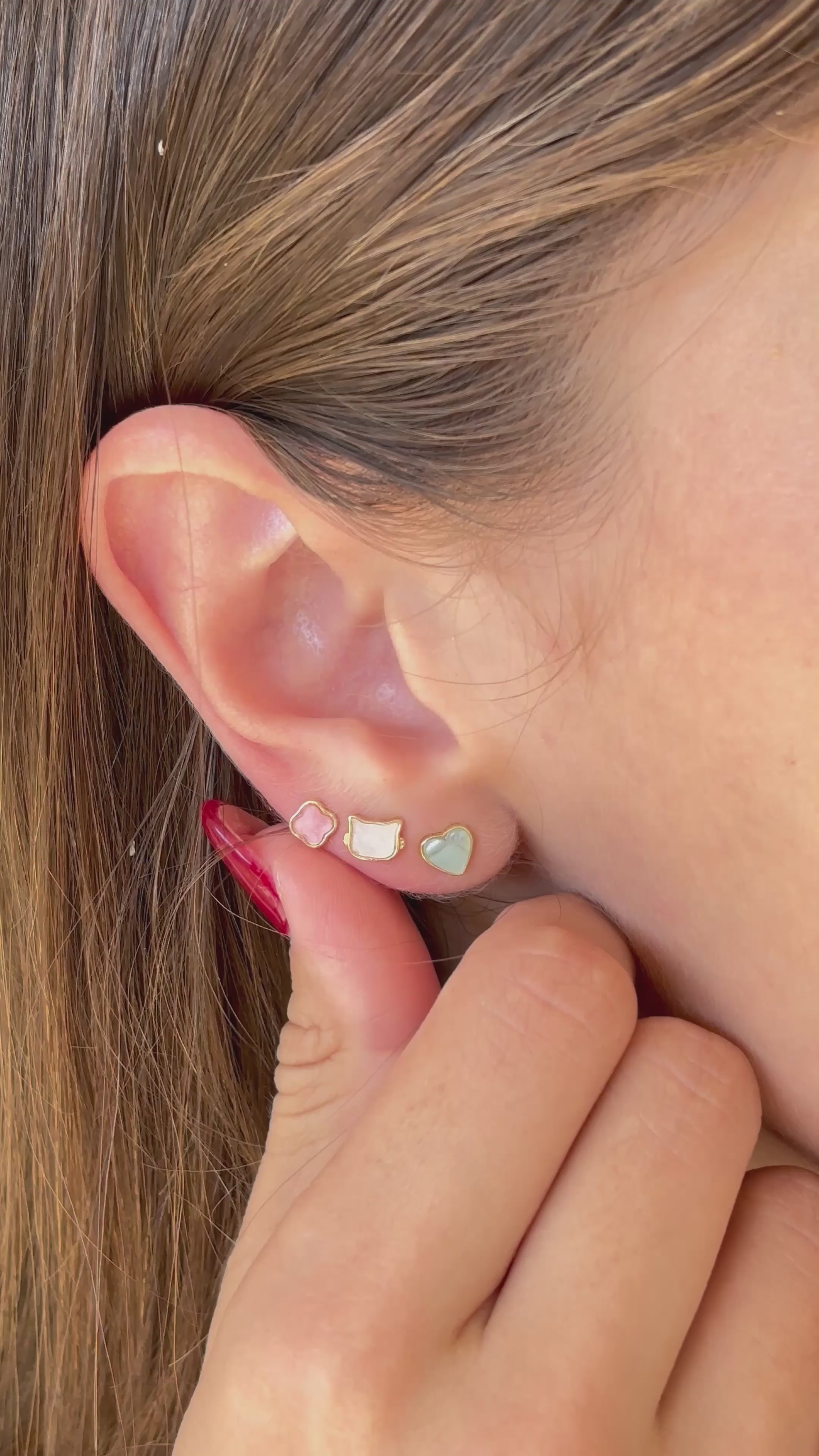 14K Gold Pastel Stud Earring Set: Sterling Silver Heart, Cat & Clover