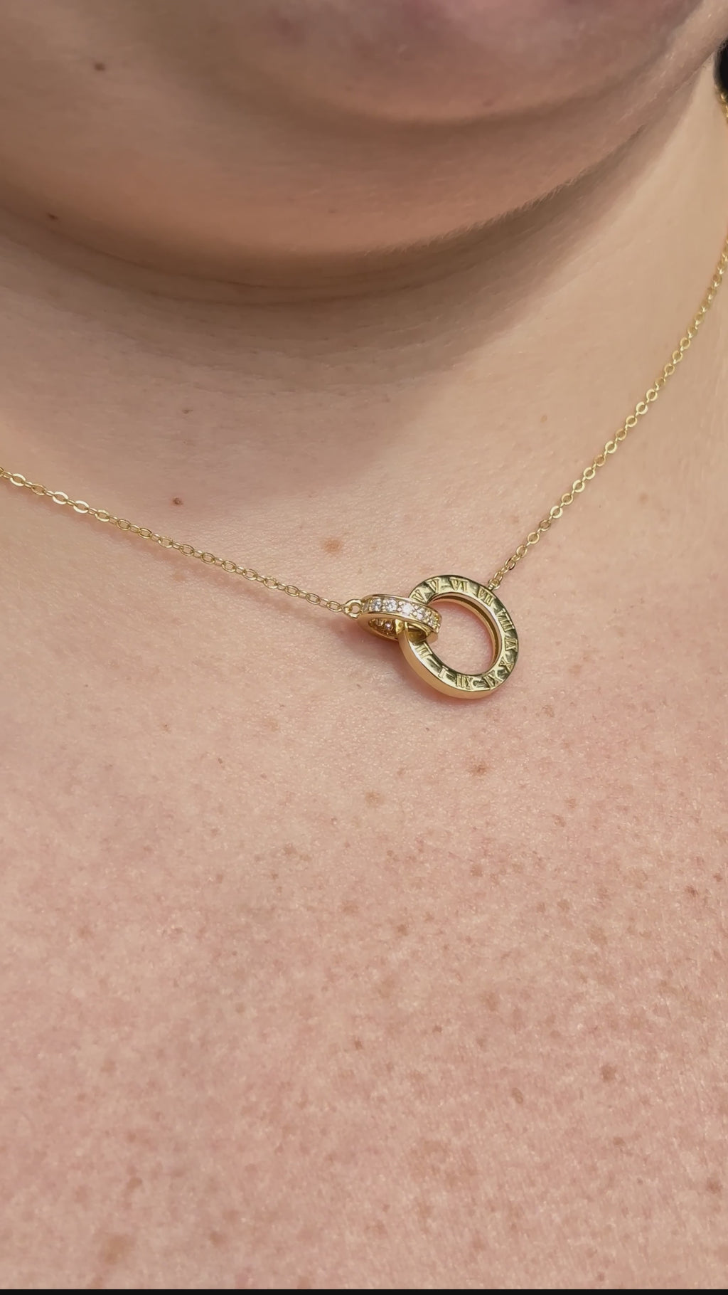 14K Gold Vermeil Roman Numeral Necklace, Interlocking Moissanite Rings